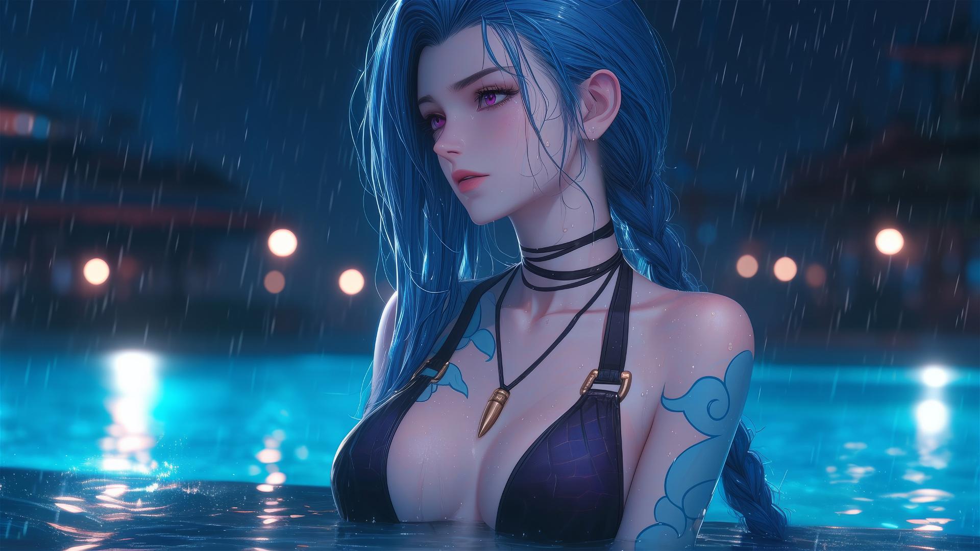 Jinx from League of Legends resting by a rainy pool in moonlight with pink eyes