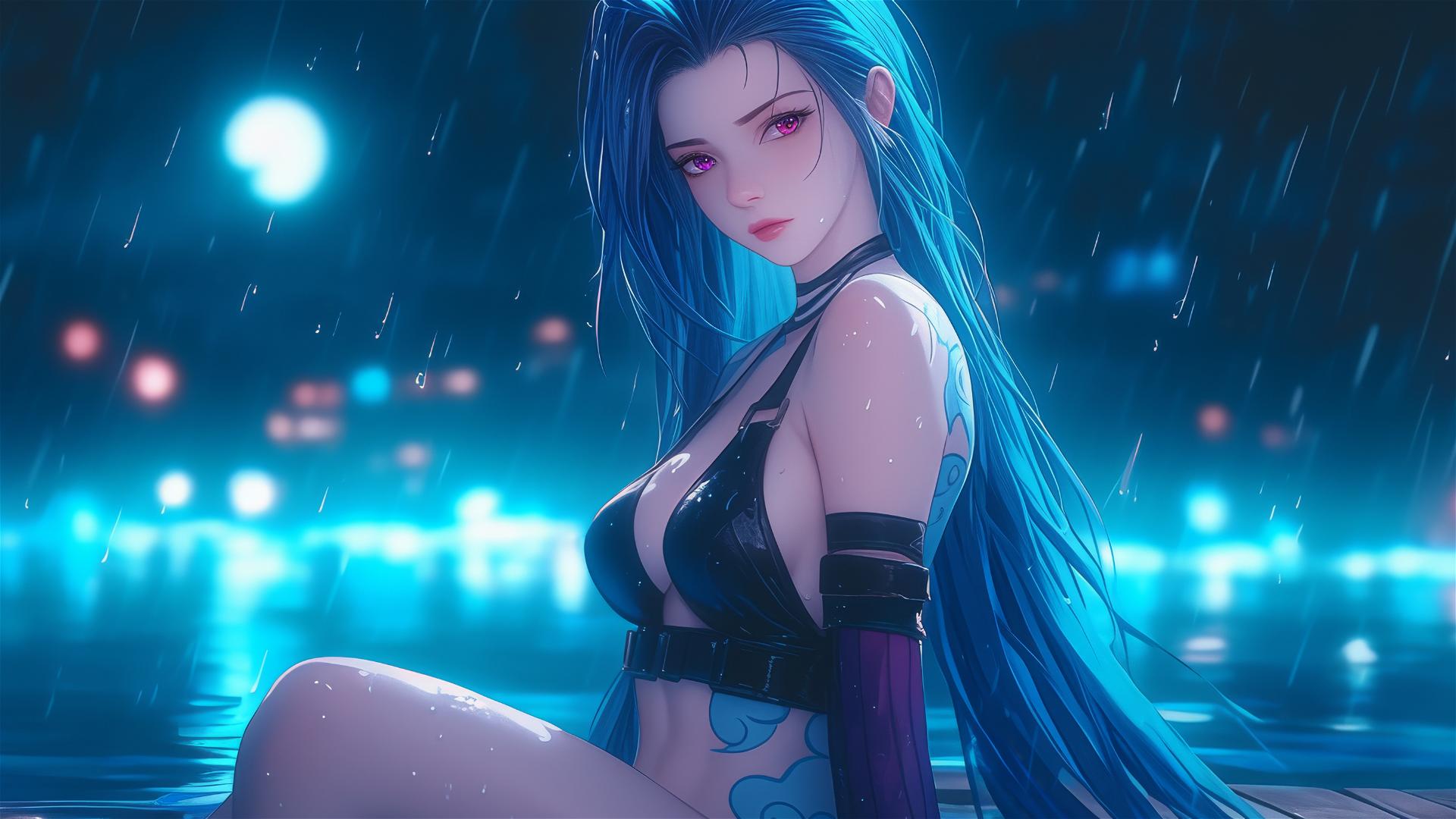 Jinx from League of Legends resting at a rainy swimming pool under moonlight