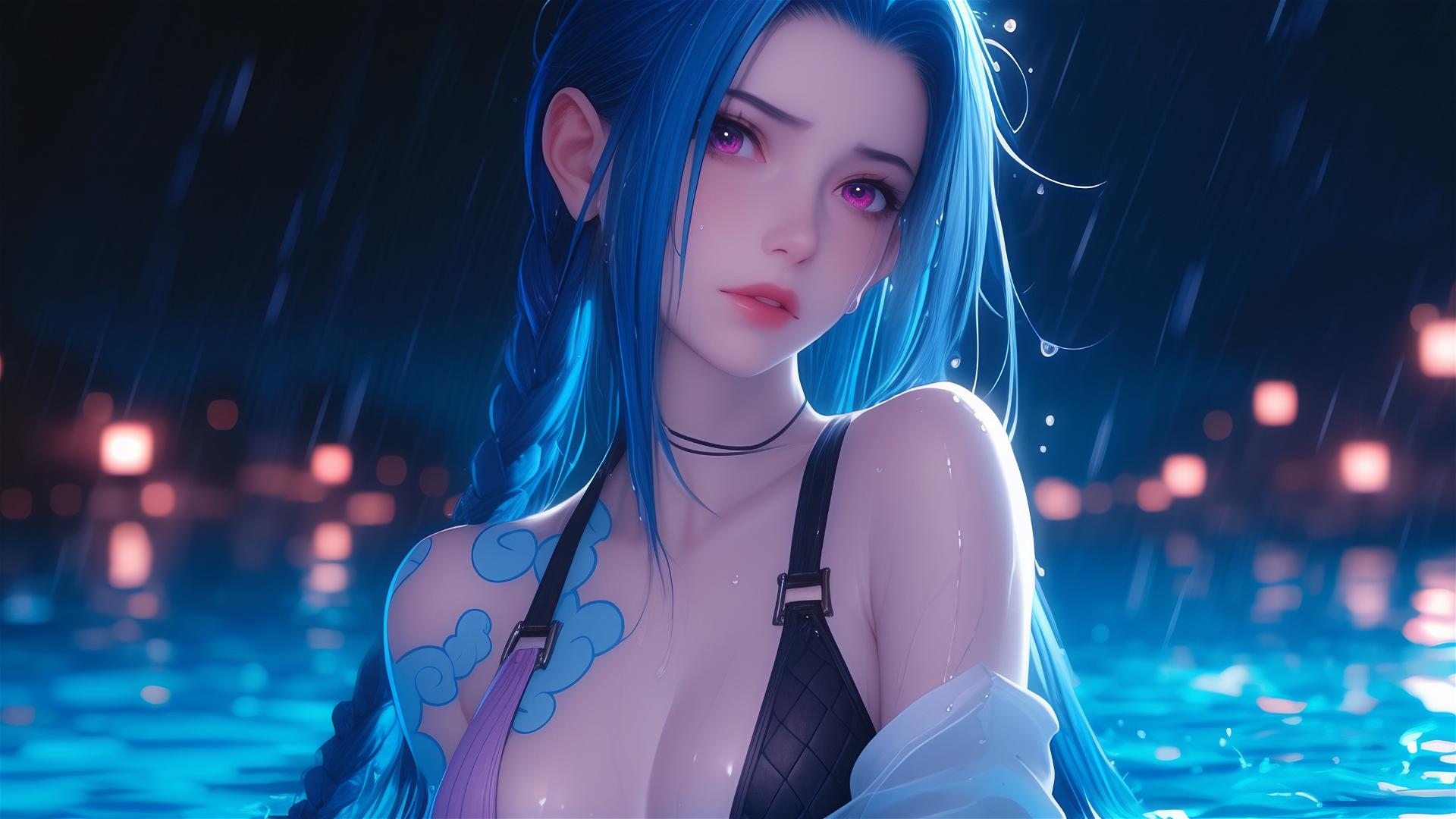 Jinx from League of Legends rests at a rainy pool with moonlight glow.
