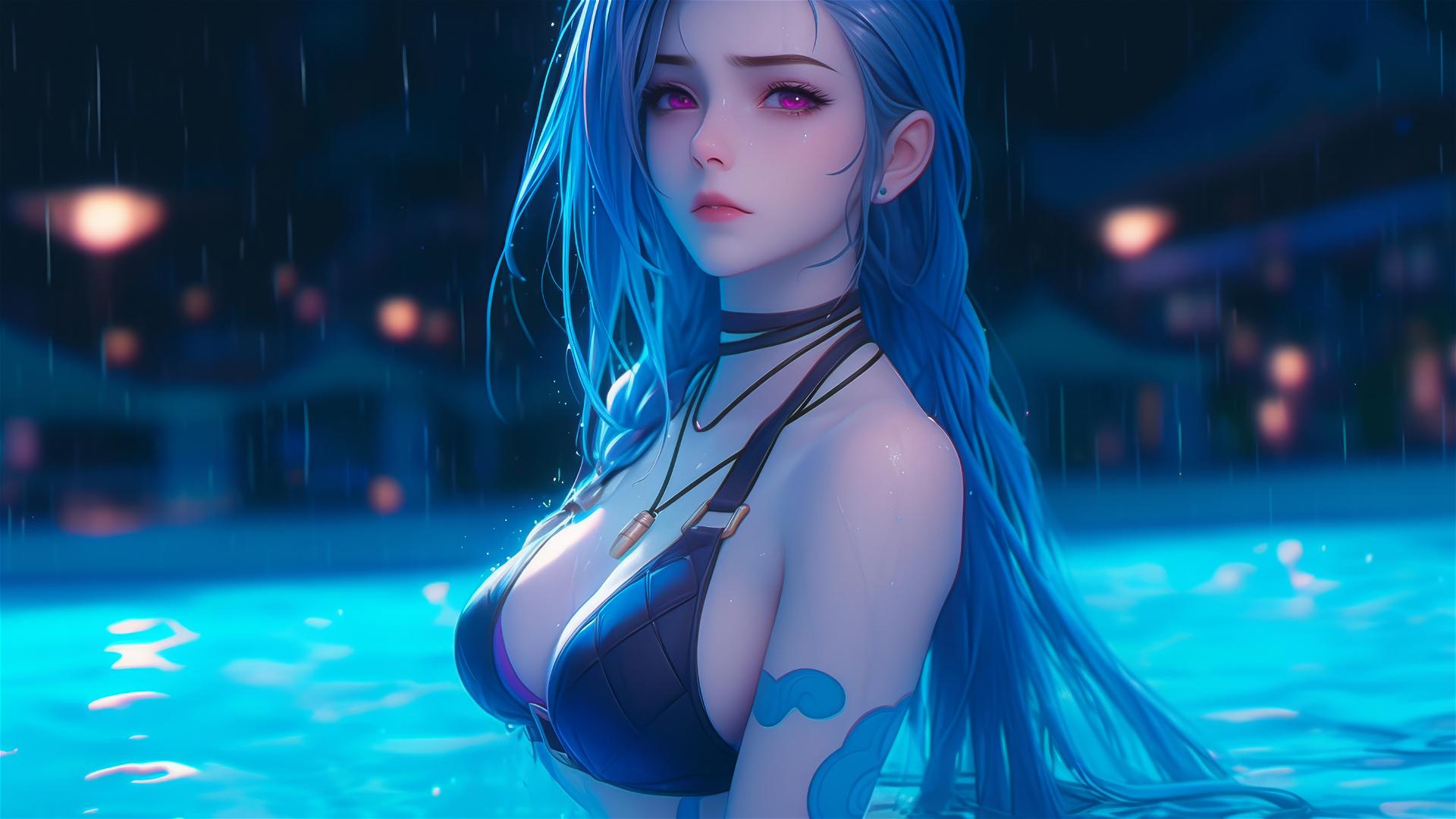 Jinx from League of Legends resting at a rainy swimming pool under moonlight