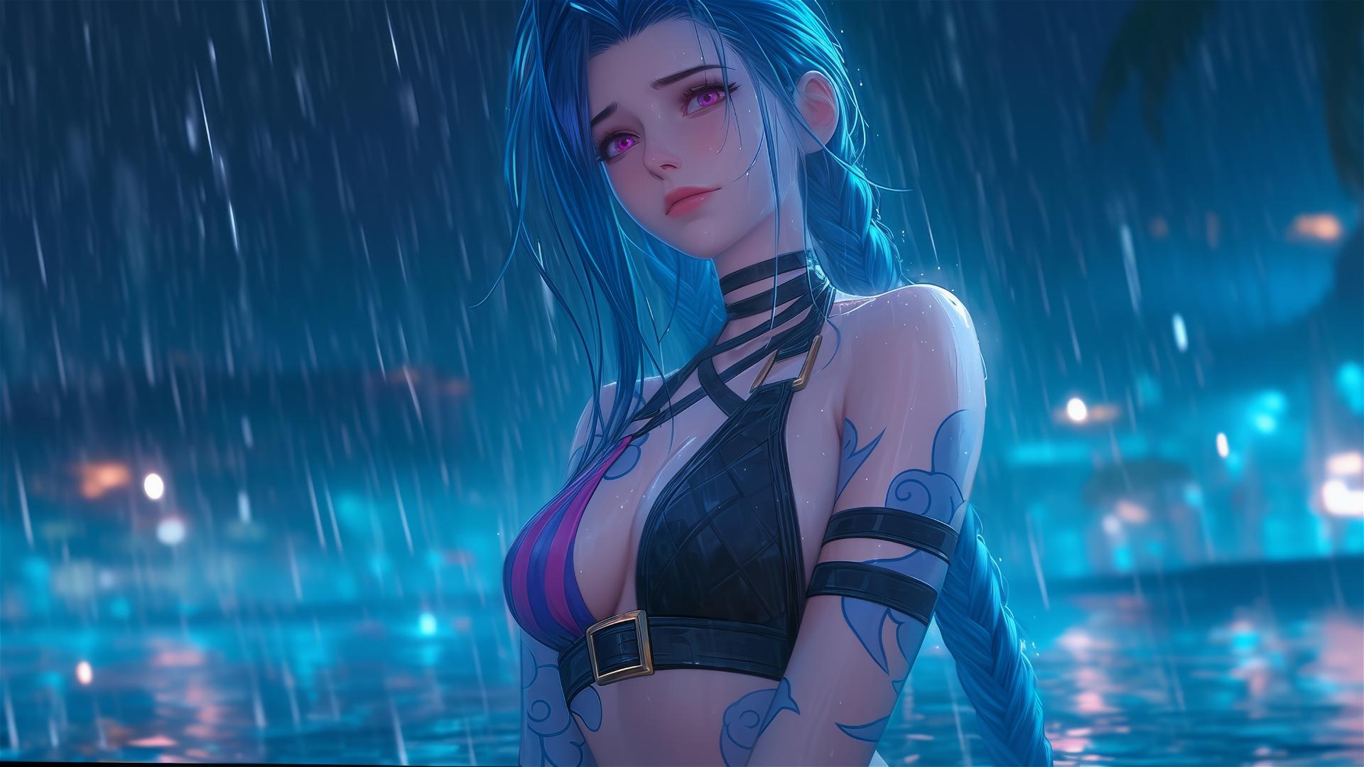 Jinx from League of Legends resting at a rainy swimming pool under moonlight