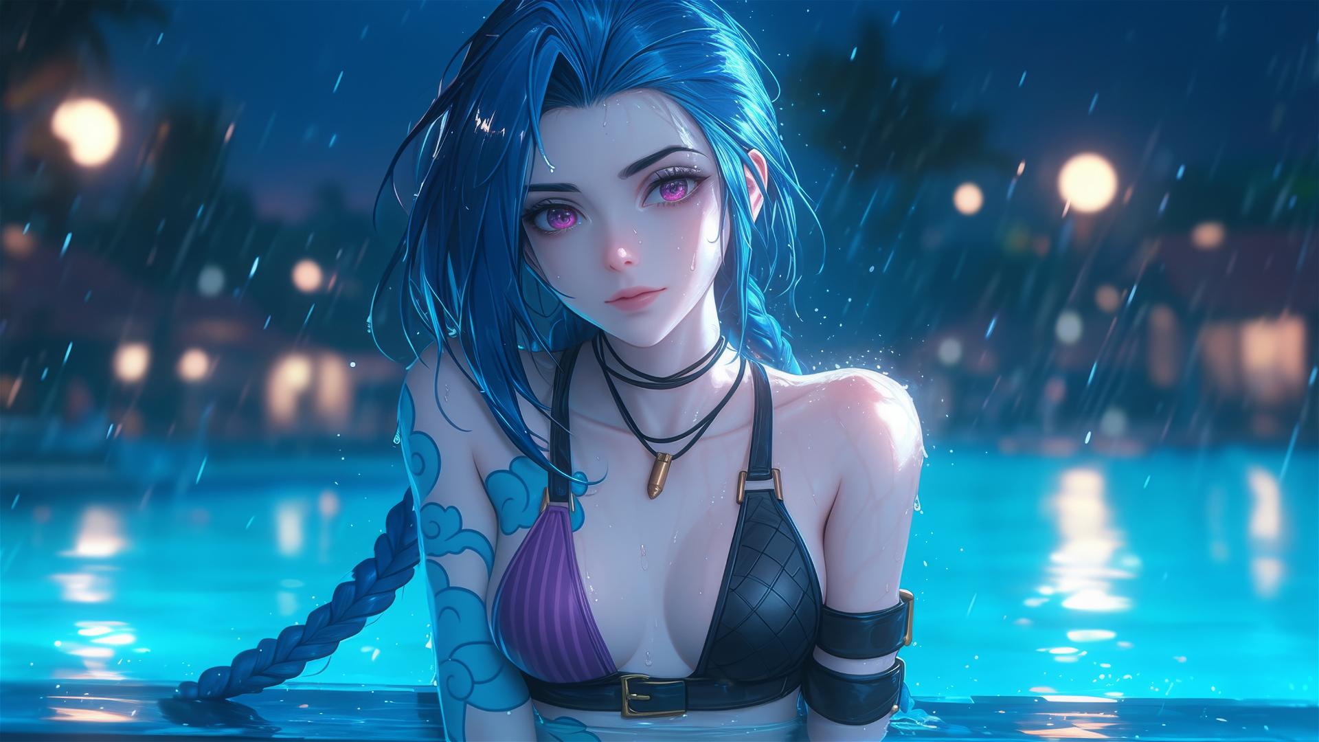 Jinx from League of Legends relaxing at a rainy swimming pool under moonlight with pink eyes