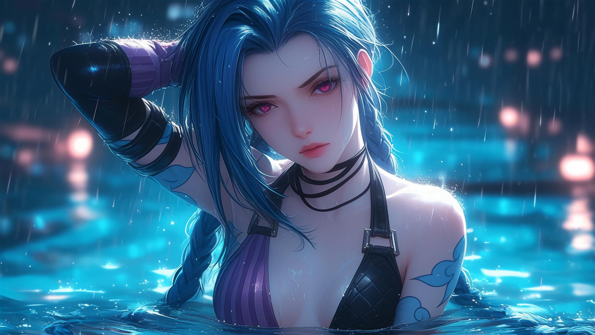 Jinx from League of Legends resting by a rainy pool with moonlight glow