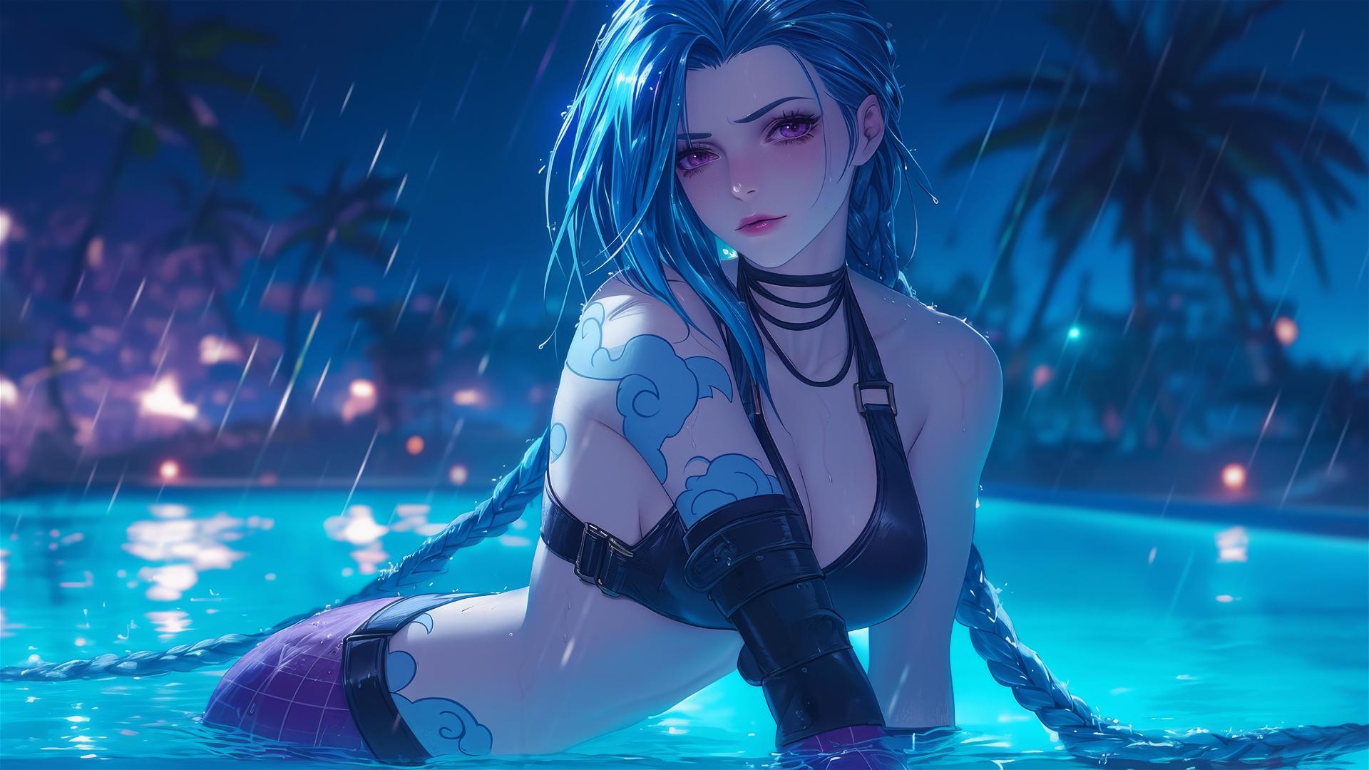 Jinx from League of Legends resting by a rainy swimming pool under moonlight