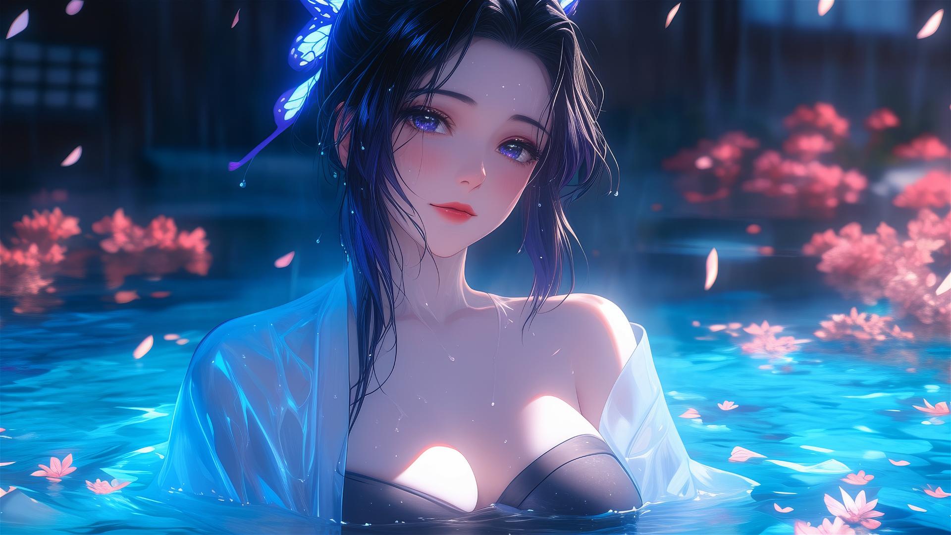 Shinobu Kocho from Demon Slayer in a tub full of flowers, Chinese spa.