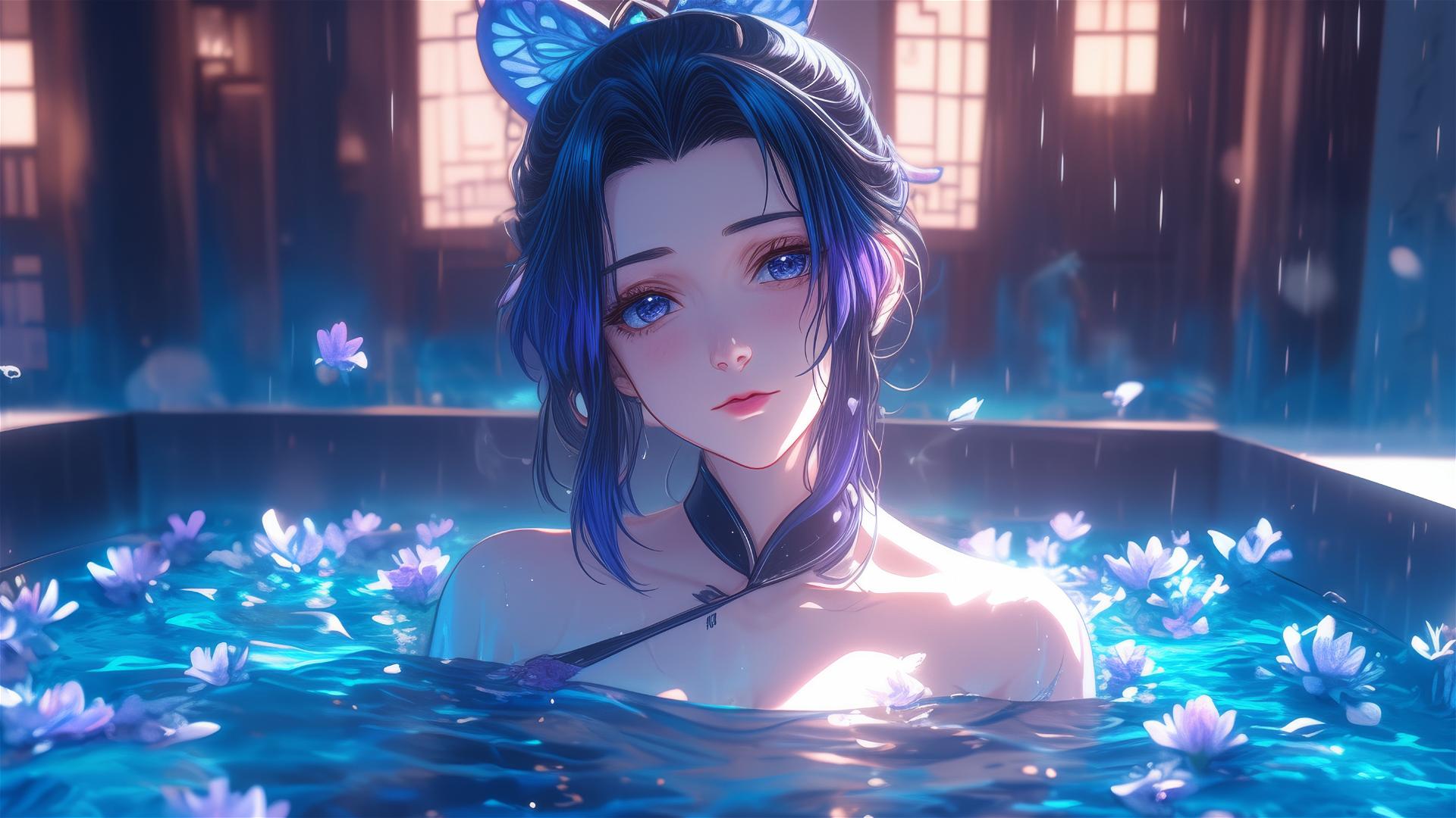 Shinobu Kocho from Demon Slayer in a tub full of flowers, Chinese spa
