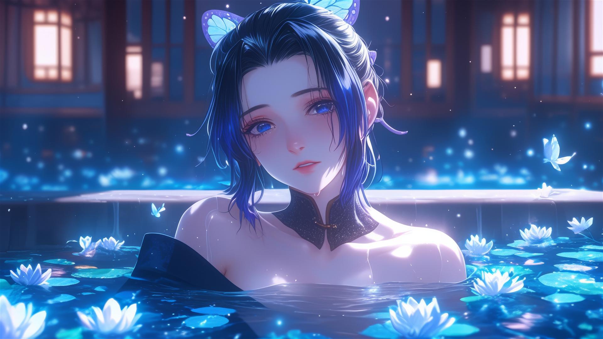 Shinobu Kocho from Demon Slayer in a flower-filled tub at a Chinese spa