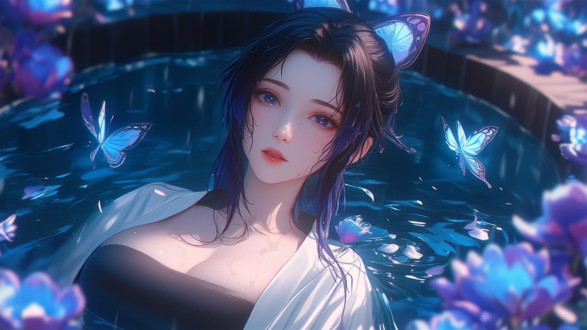 Shinobu Kocho from Demon Slayer in a tub full of flowers at a Chinese spa.