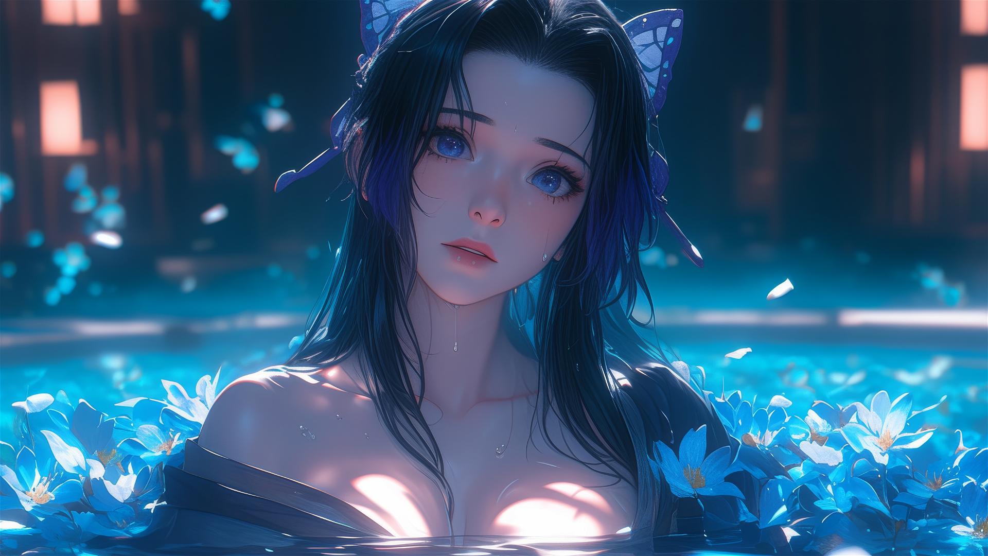 Shinobu Kocho in a tub of flowers at a Chinese spa