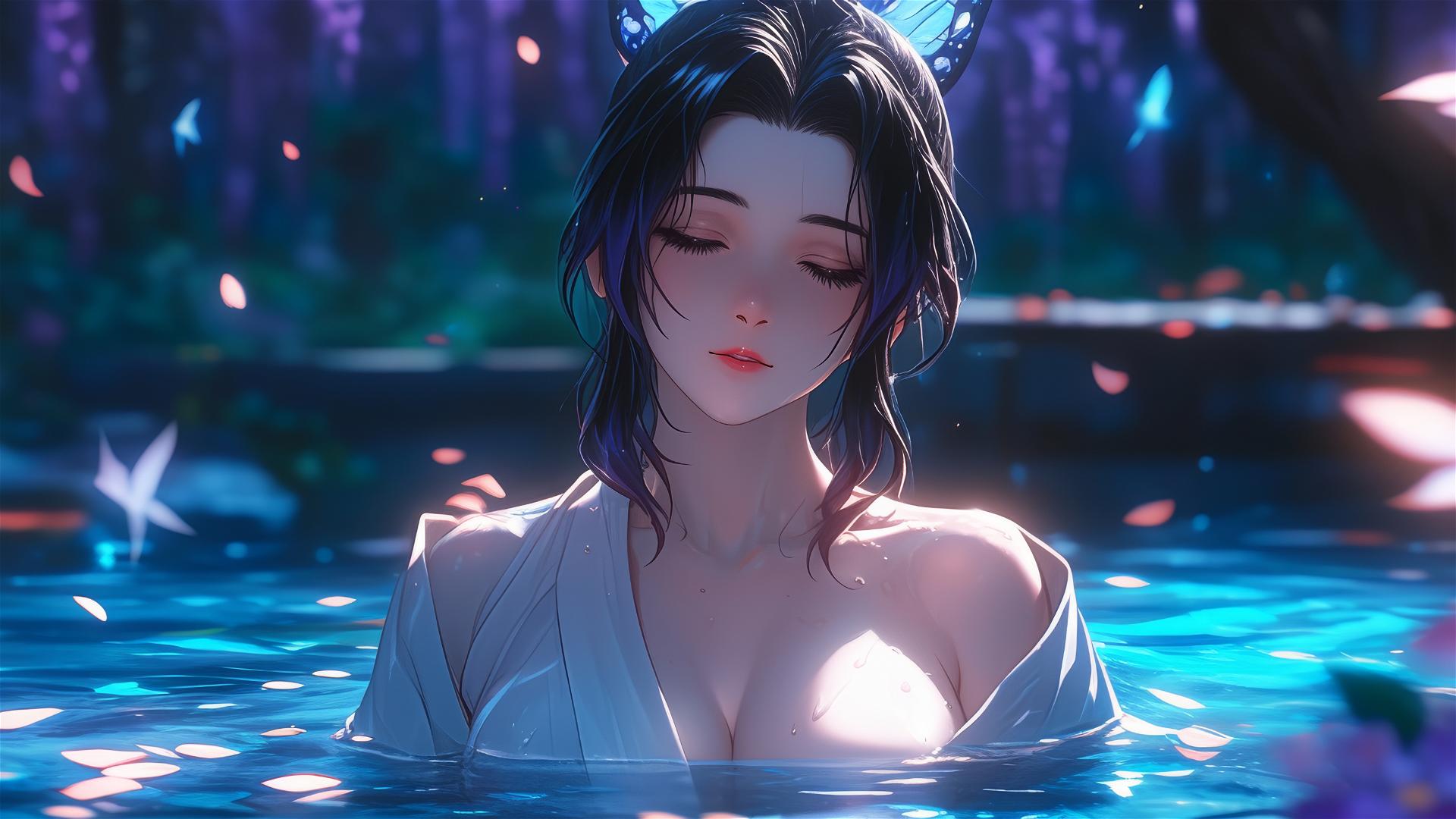 Shinobu Kocho in a white dress in a flower-filled tub at a Chinese spa
