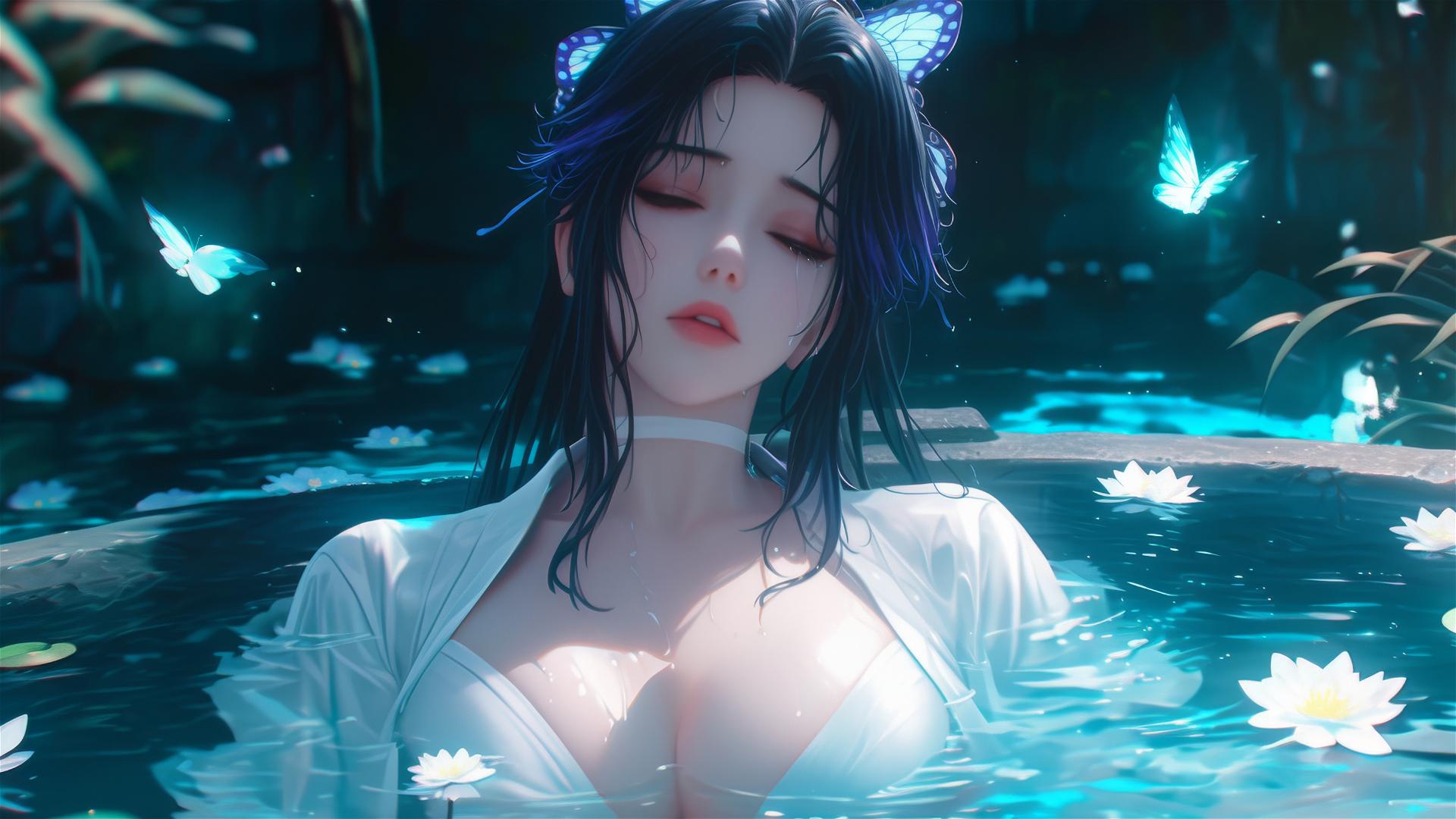 Shinobu Kocho in a white dress in a tub of flowers at a Chinese spa