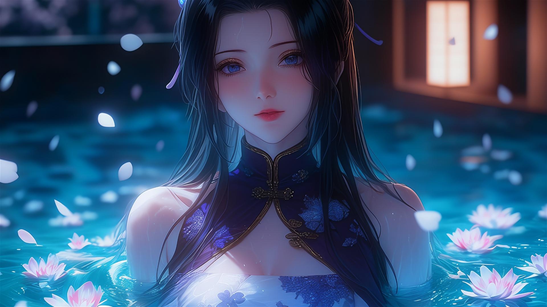 Shinobu Kocho in cheongsam in a flower-filled tub at a Chinese spa