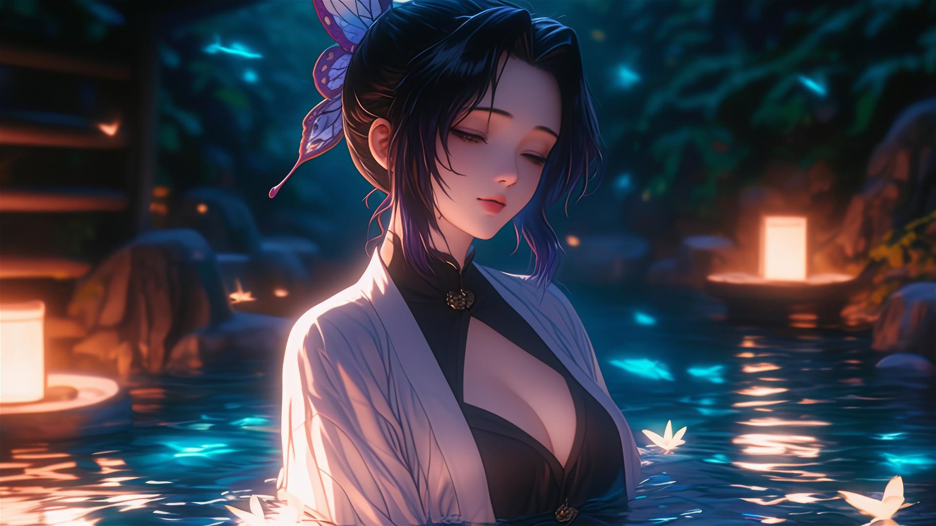 Shinobu Kocho from Demon Slayer in a flower-filled tub at a Chinese spa