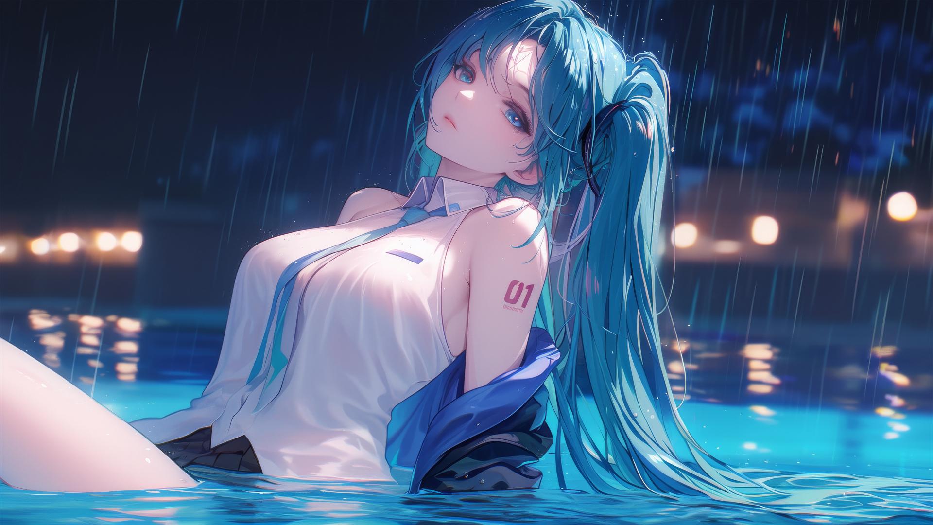 Hatsune Miku resting at a rainy swimming pool with moonlight glow