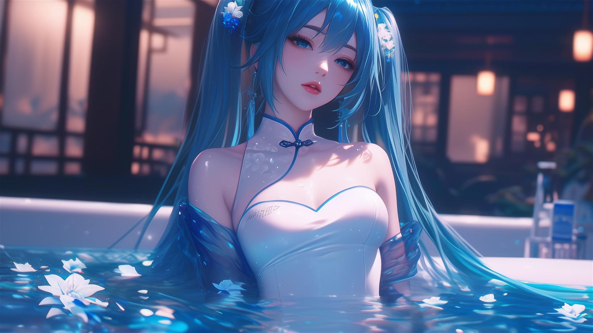 Hatsune Miku in a flower-filled tub at a Chinese spa.