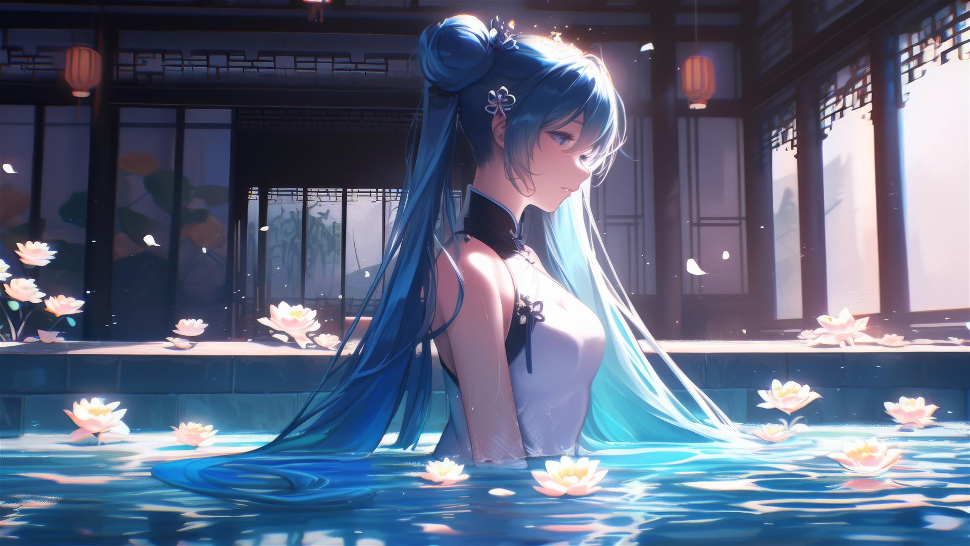 Hatsune Miku in a tub full of flowers at a Chinese spa