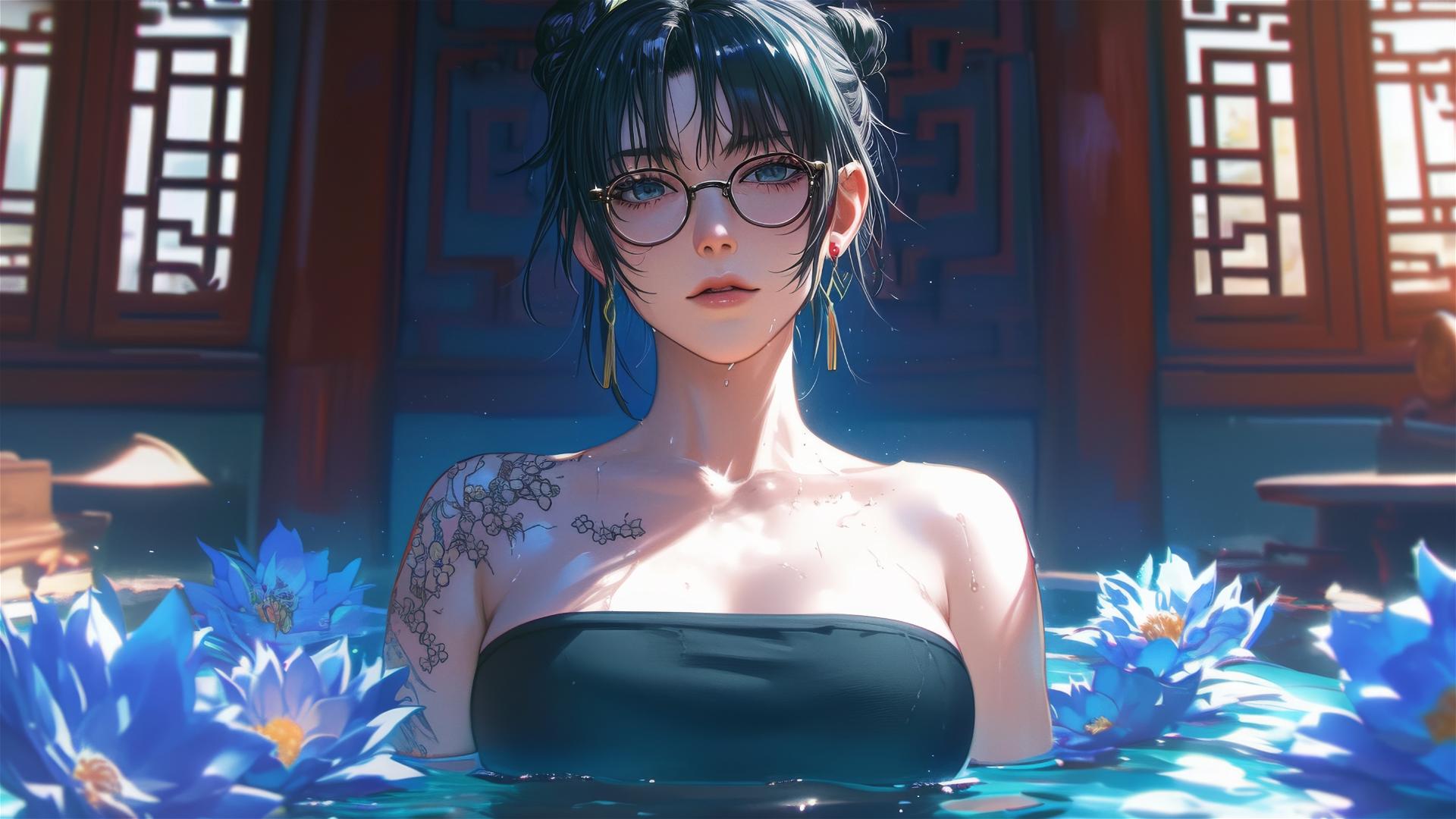 Maki Zenin in a tub of flowers at a Chinese spa, wearing eyeglasses.