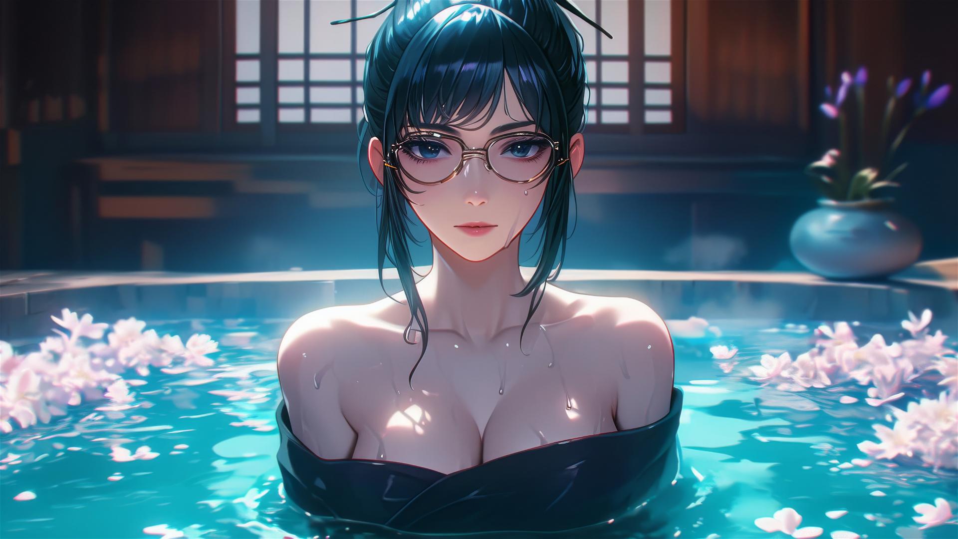 Maki Zenin from Jujutsu Kaisen in a tub full of flowers, wearing glasses