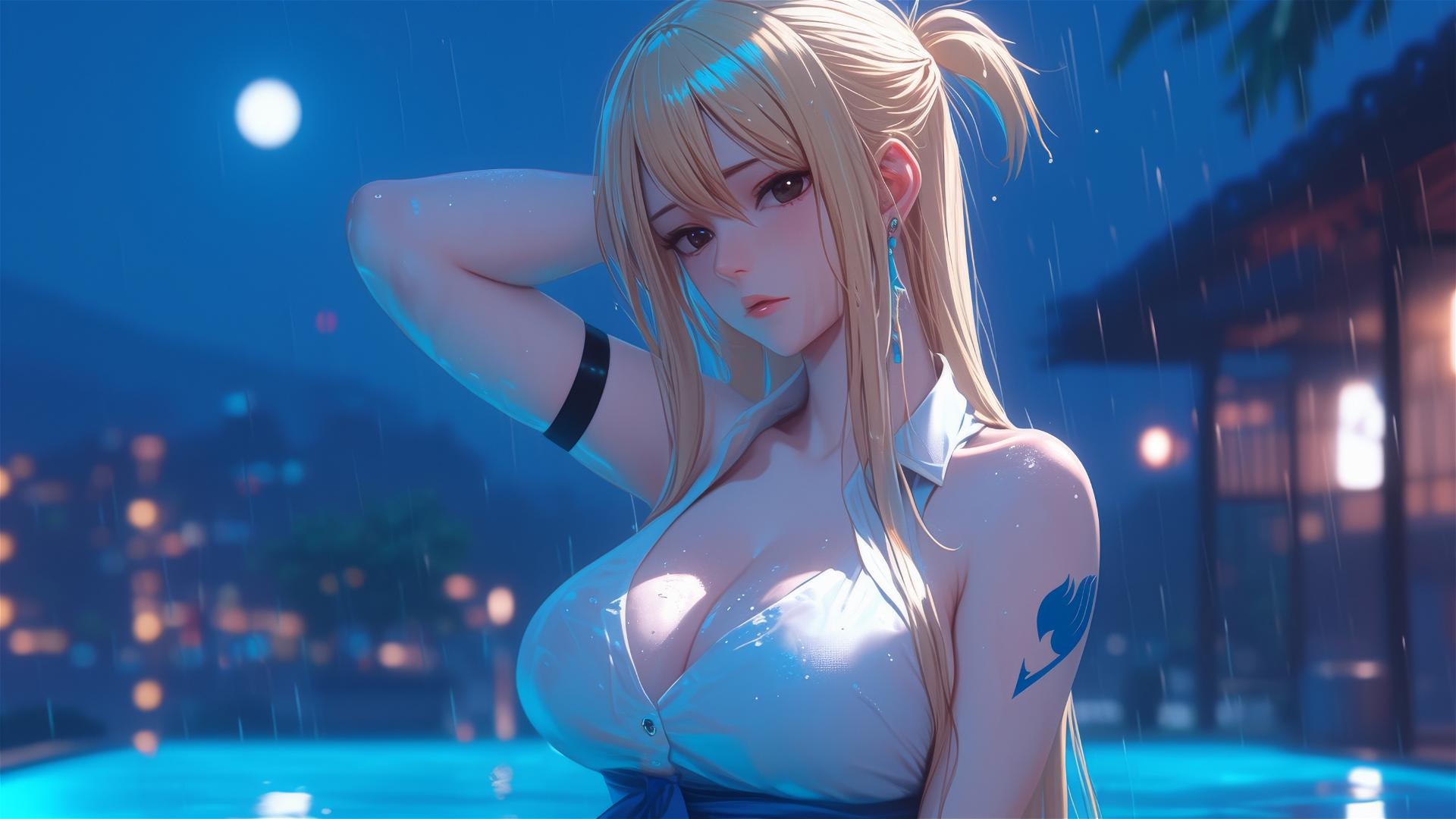 Lucy Heartfilia from Fairy Tail resting in a modern apartment under moonlight