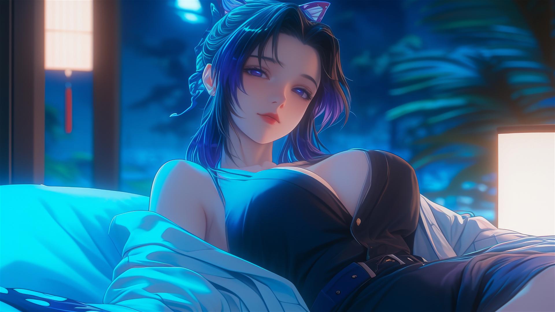 Shinobu Kocho from Demon Slayer resting in modern hotel room under moonlight