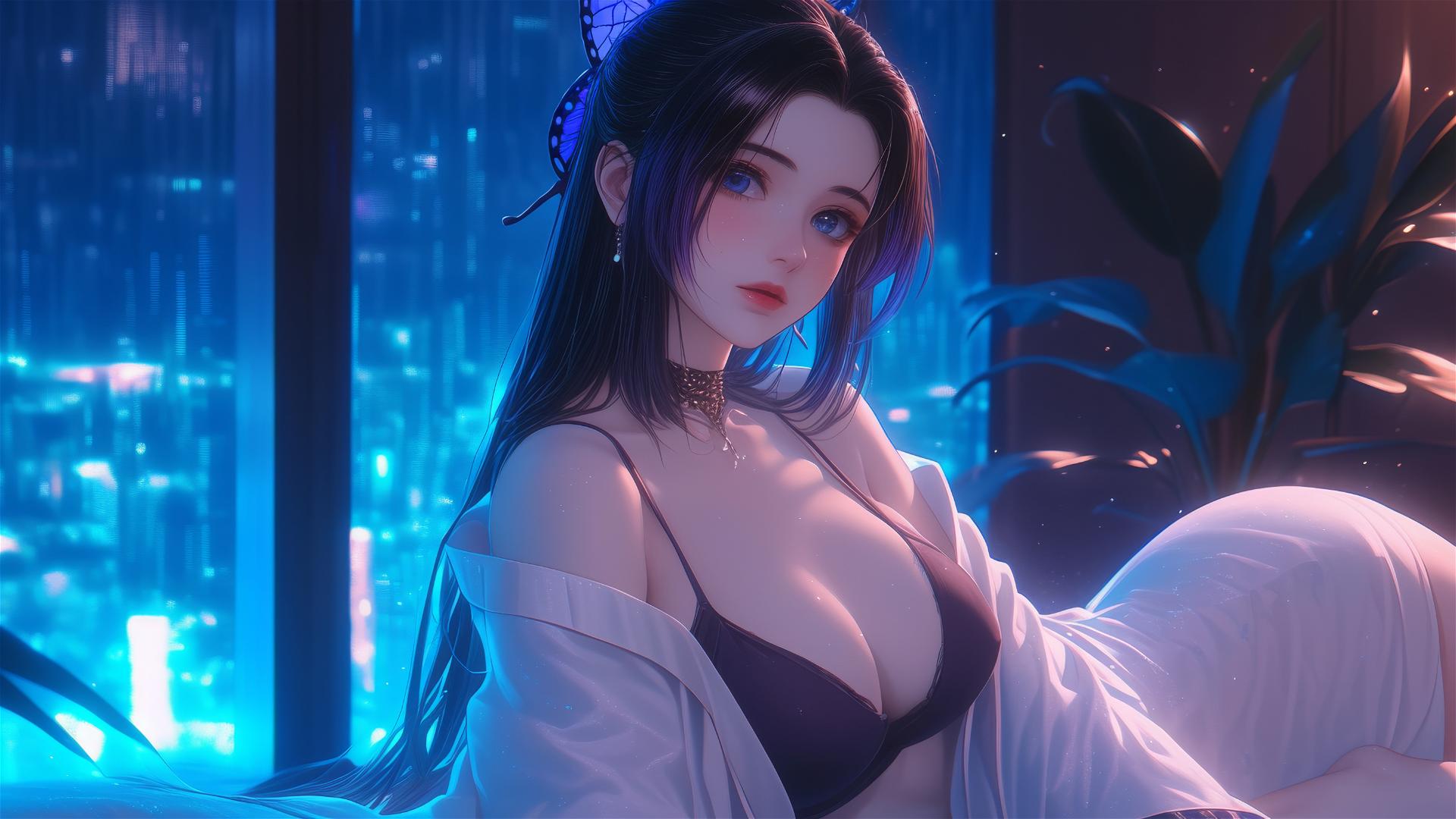 Shinobu Kocho resting in modern neon-themed hotel room with glowing lights