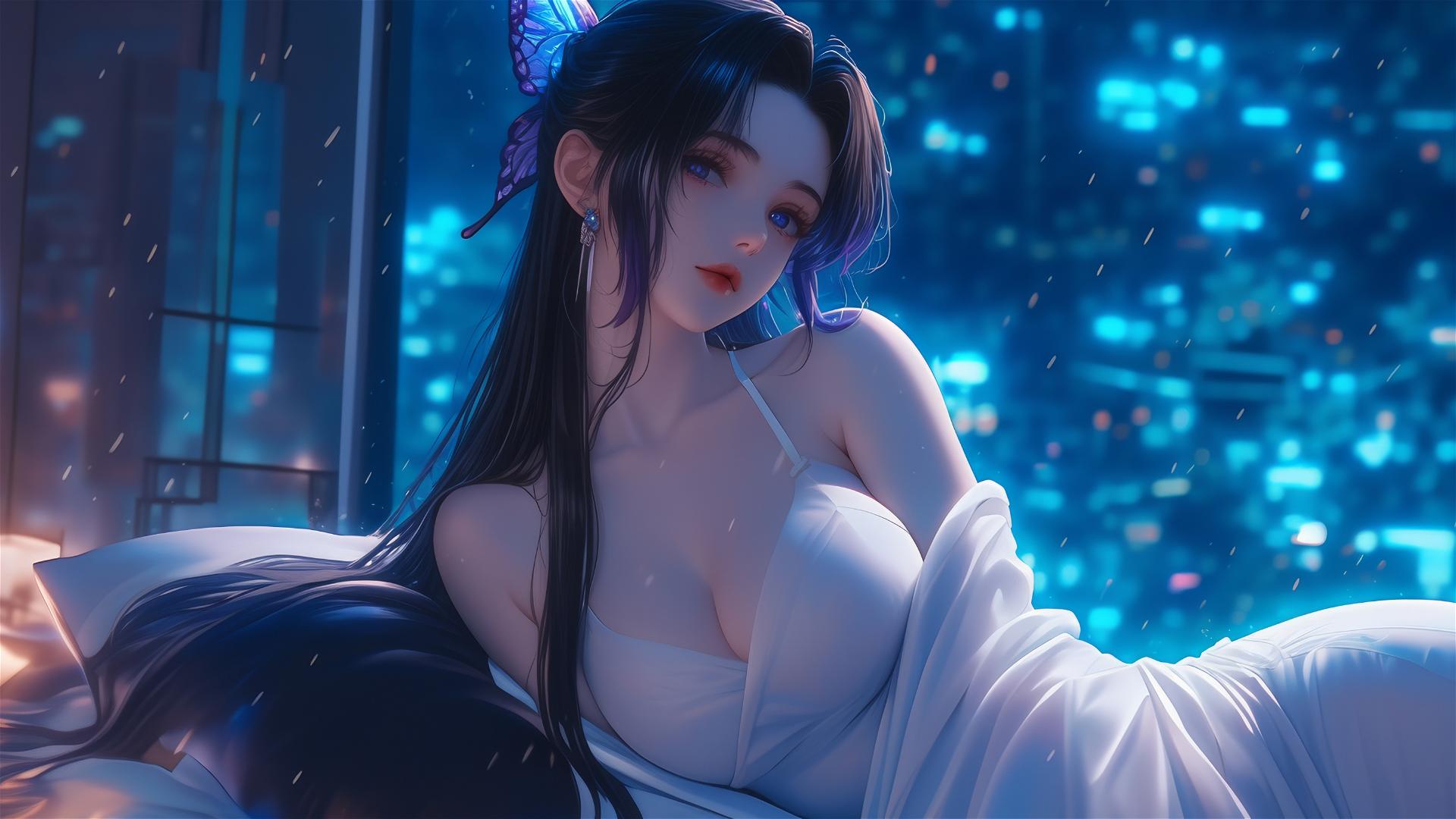 Shinobu Kocho in white dress resting in neon-lit hotel room