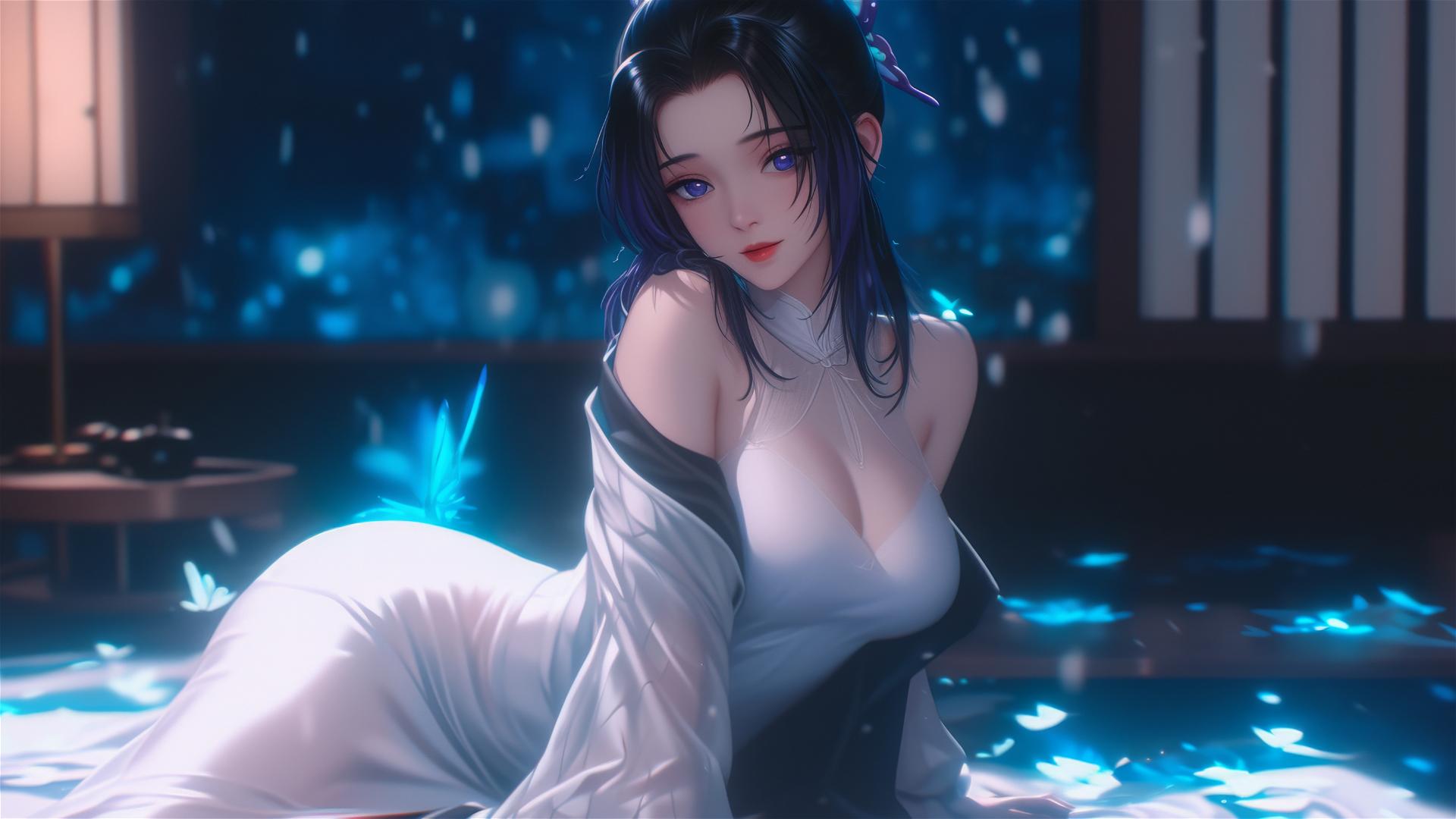Shinobu Kocho resting in modern hotel room with neon lights and moonlight