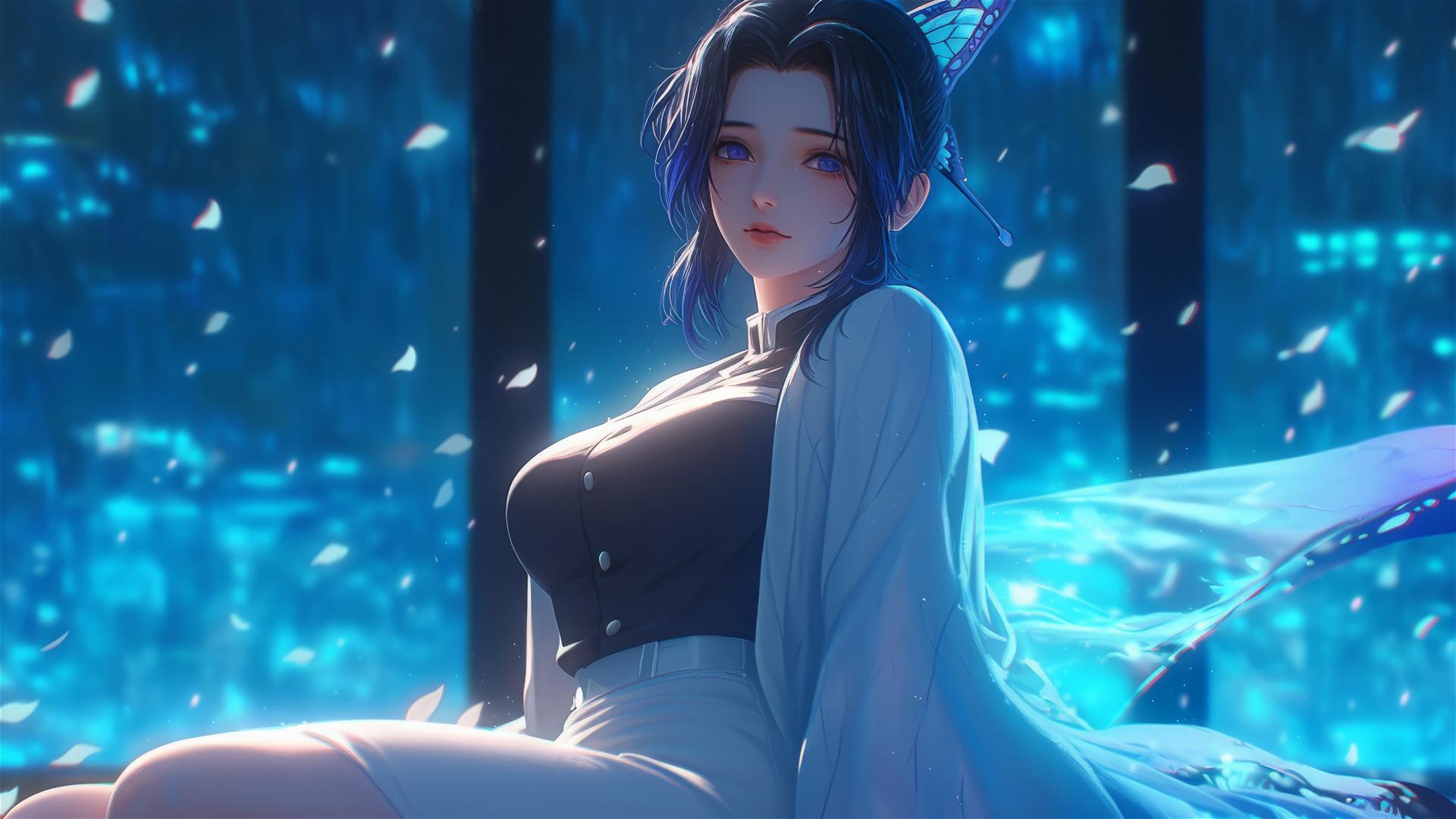 Shinobu Kocho relaxing in modern hotel room with neon lights and moonlight
