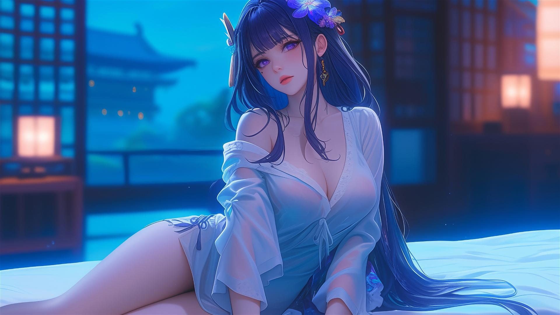 Raiden Shogun from Genshin Impact in a modern hotel under moonlight