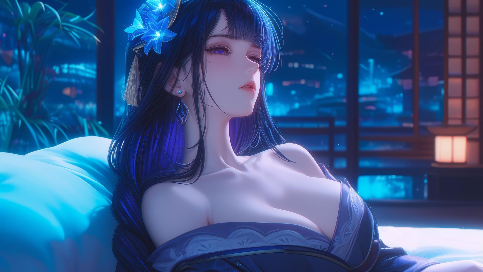 Raiden Shogun resting in a modern hotel under moonlight