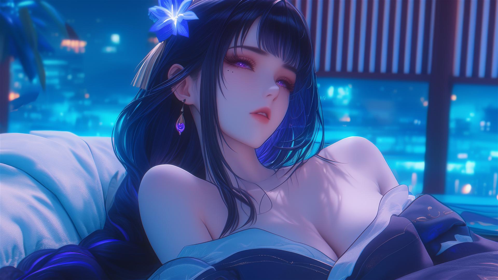 Raiden Shogun from Genshin Impact rests in modern hotel under moonlight.