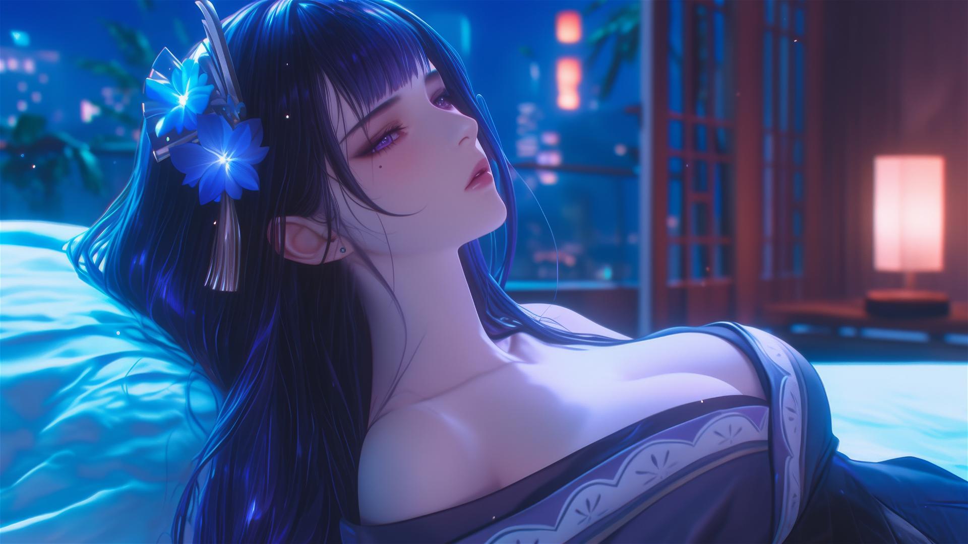 Raiden Shogun from Genshin Impact resting in a modern hotel under moonlight.