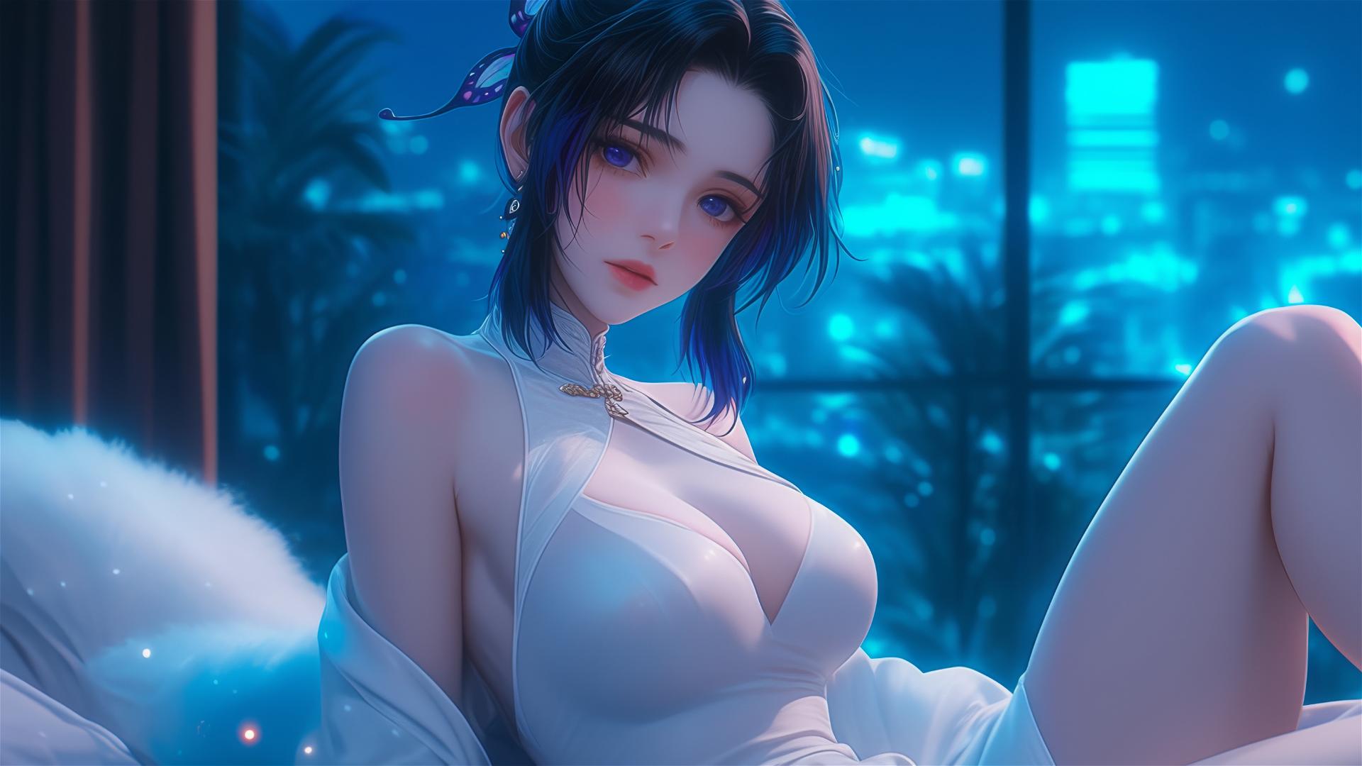 Shinobu Kocho in modern hotel room with neon lights and moonlight