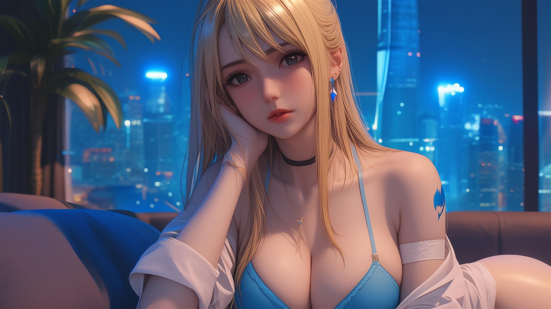 Lucy Heartfilia resting in modern apartment with moonlight glow