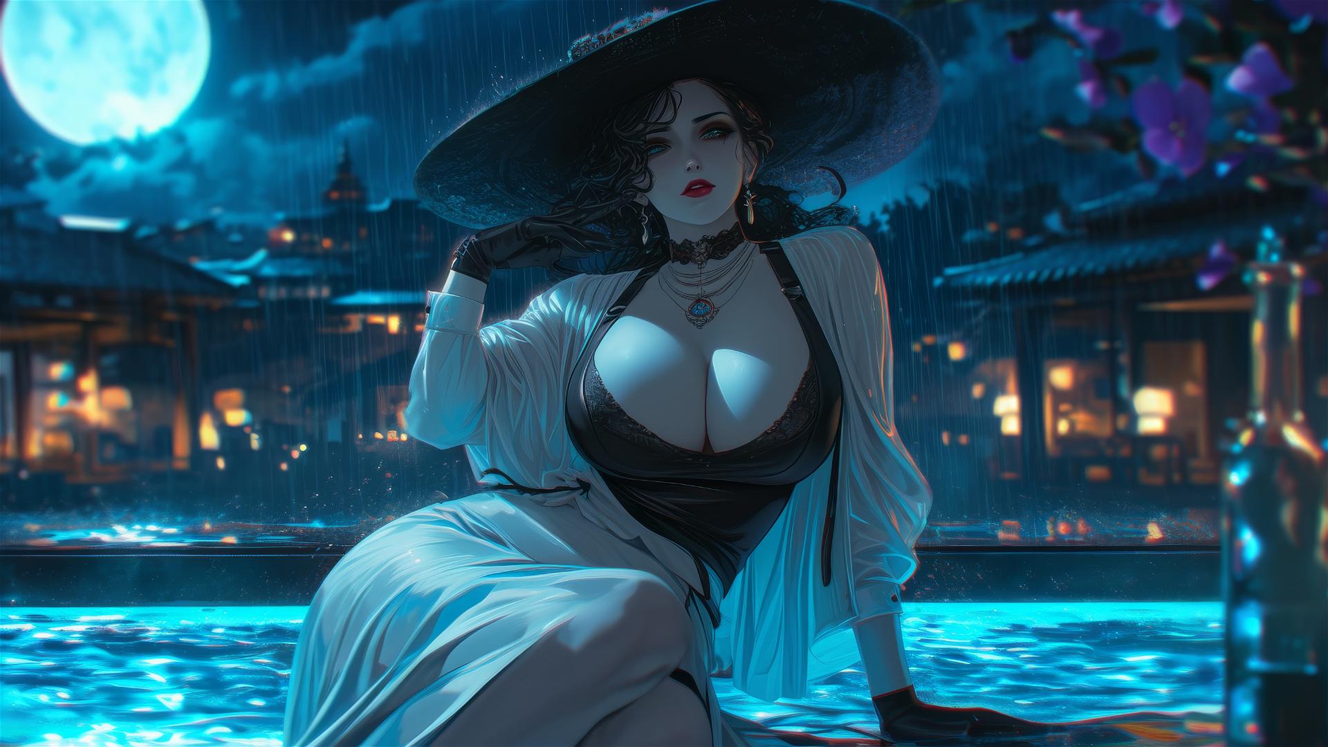 Lady Dimitrescu resting at a rainy pool under moonlight