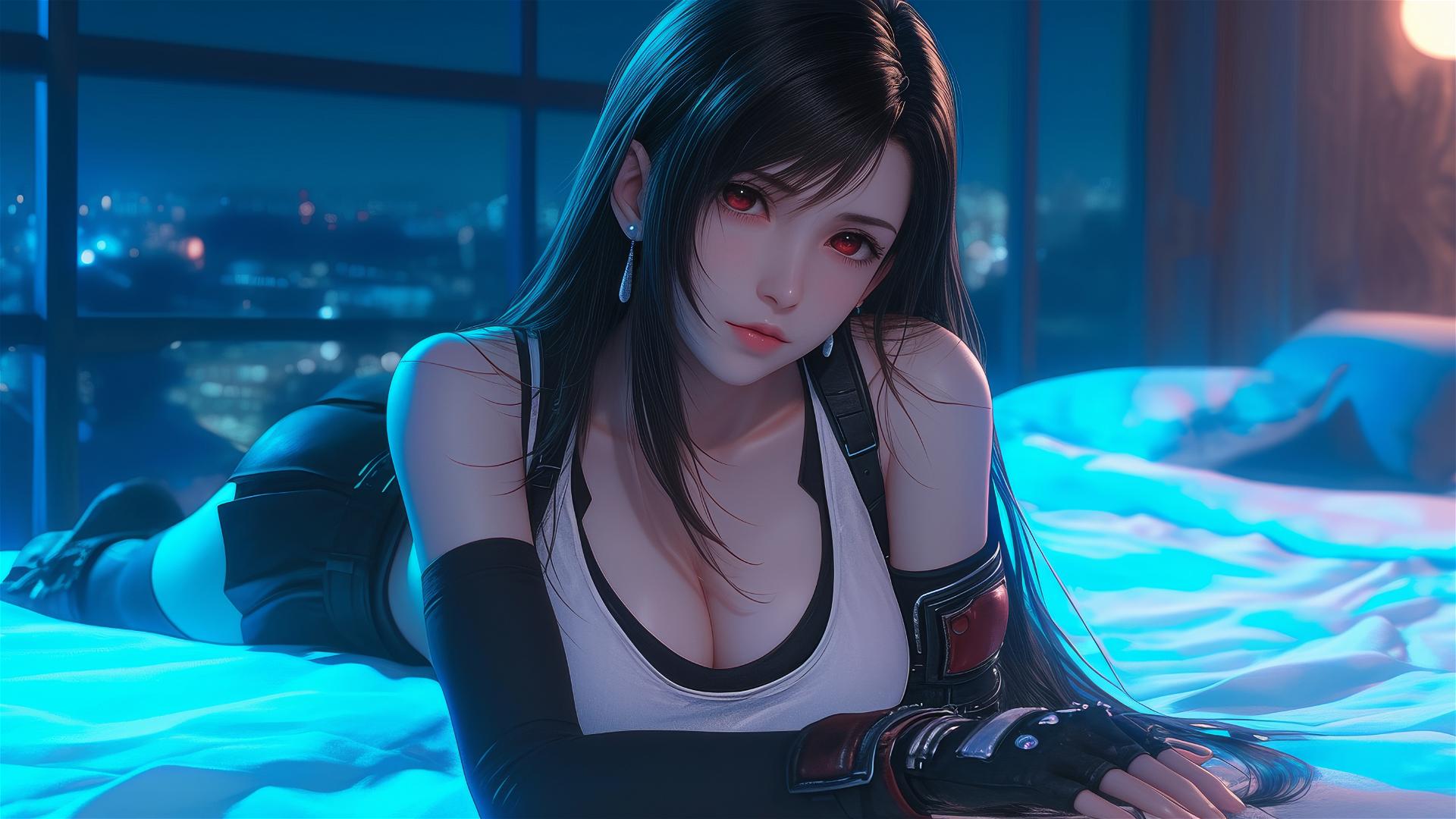 Tifa Lockhart resting in her room under moonlight