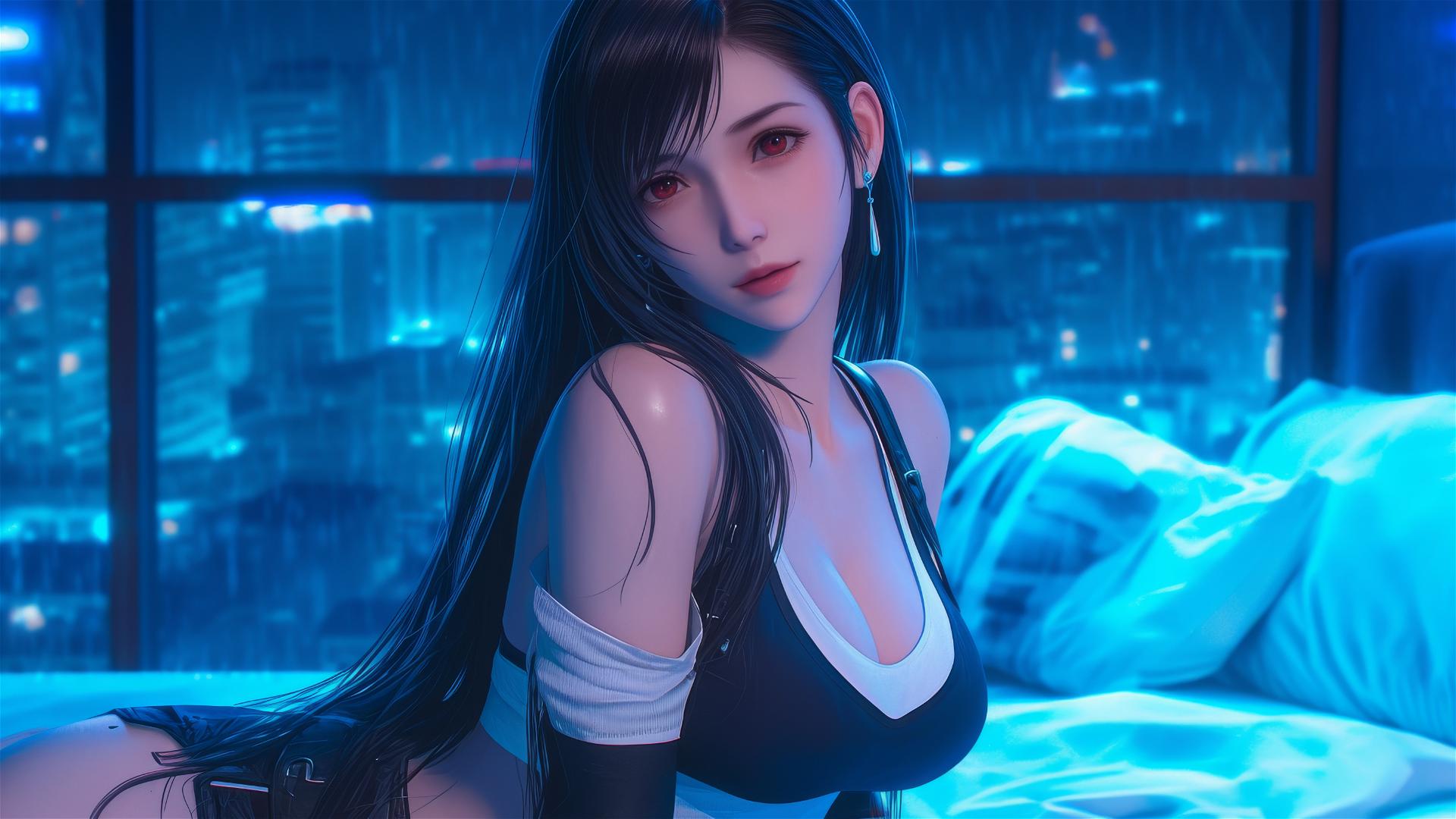 Tifa Lockhart resting in her room under moonlight