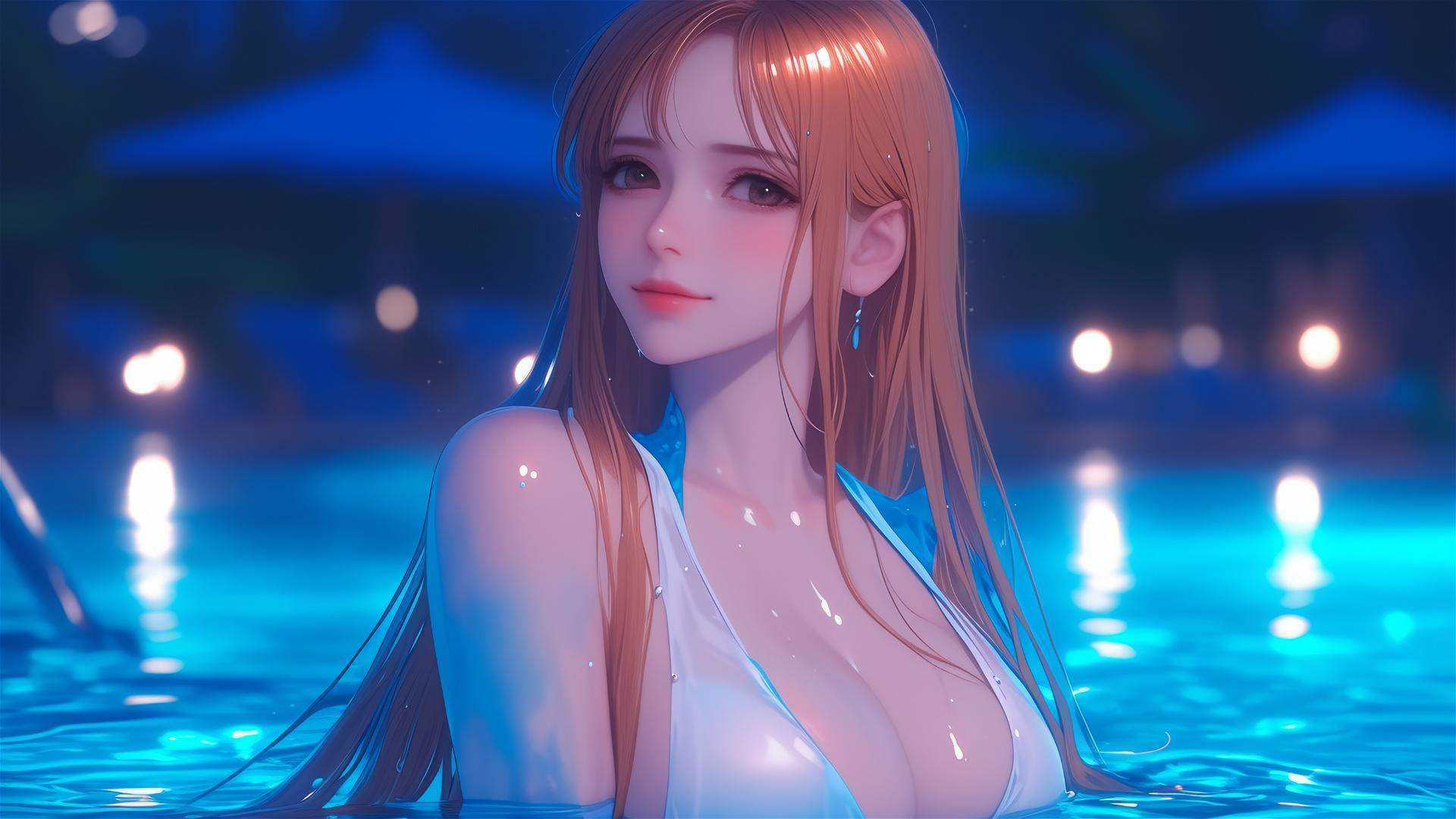 Nami from One Piece resting by a pool, moonlight glow, rainy.