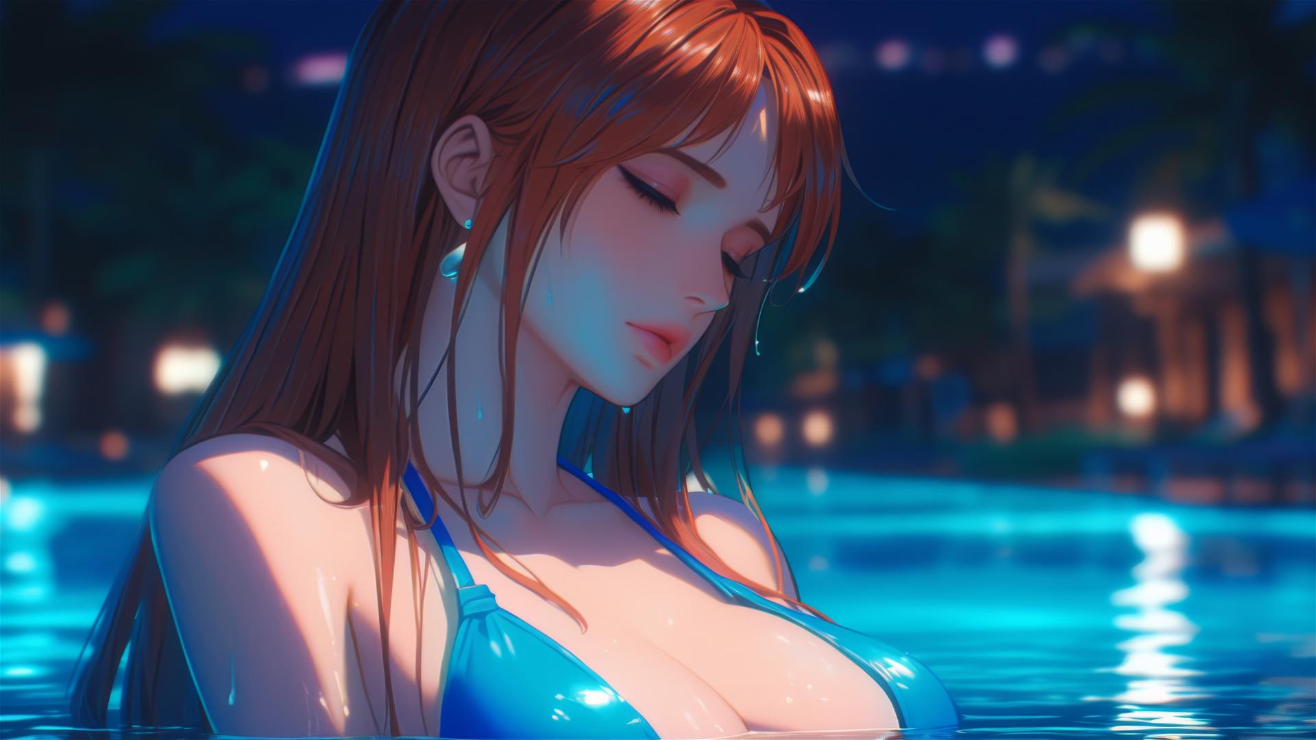 Nami from One Piece resting by a swimming pool under moonlight with rain