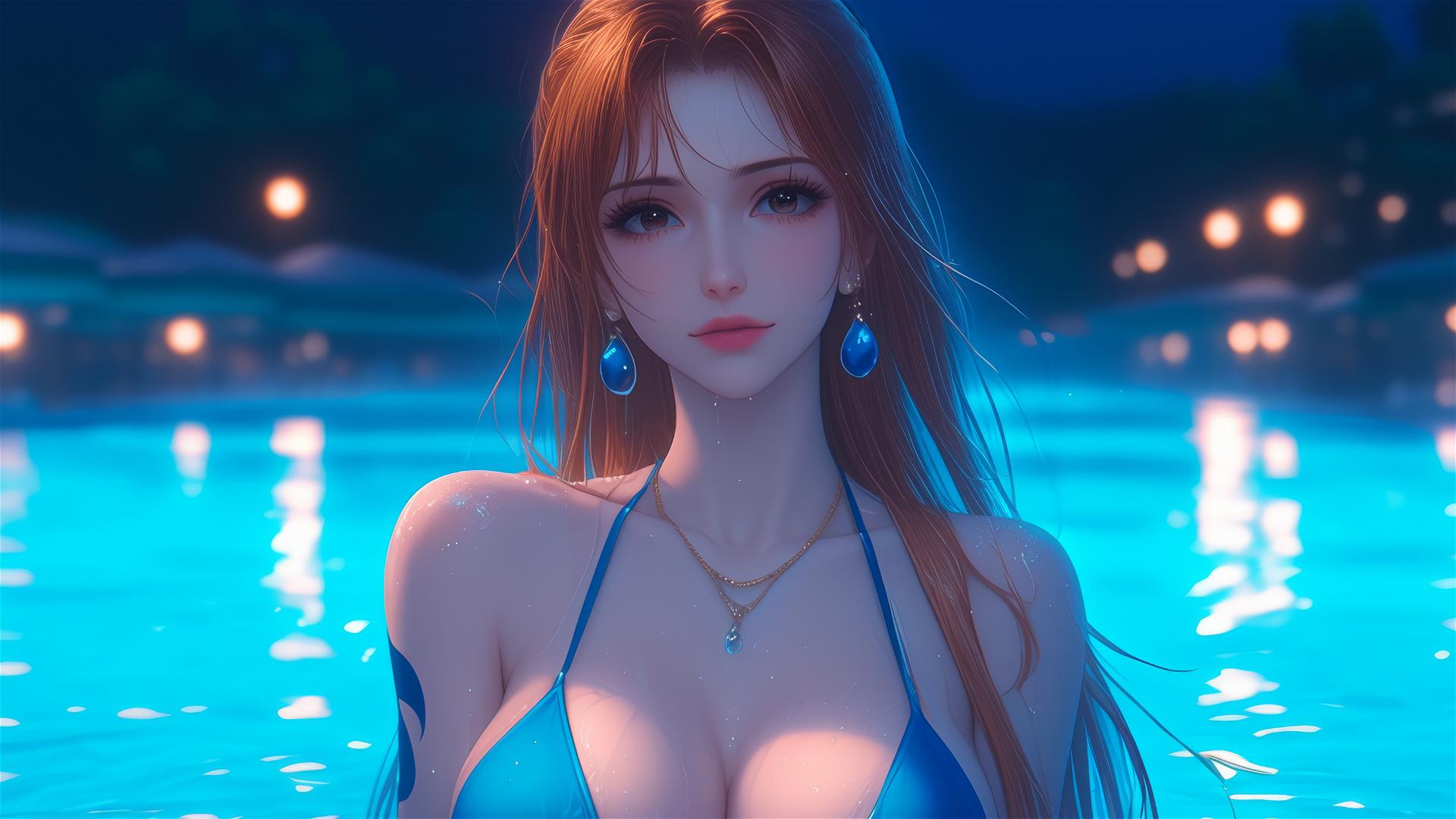 Nami from One Piece by a swimming pool under moonlight, rainy night