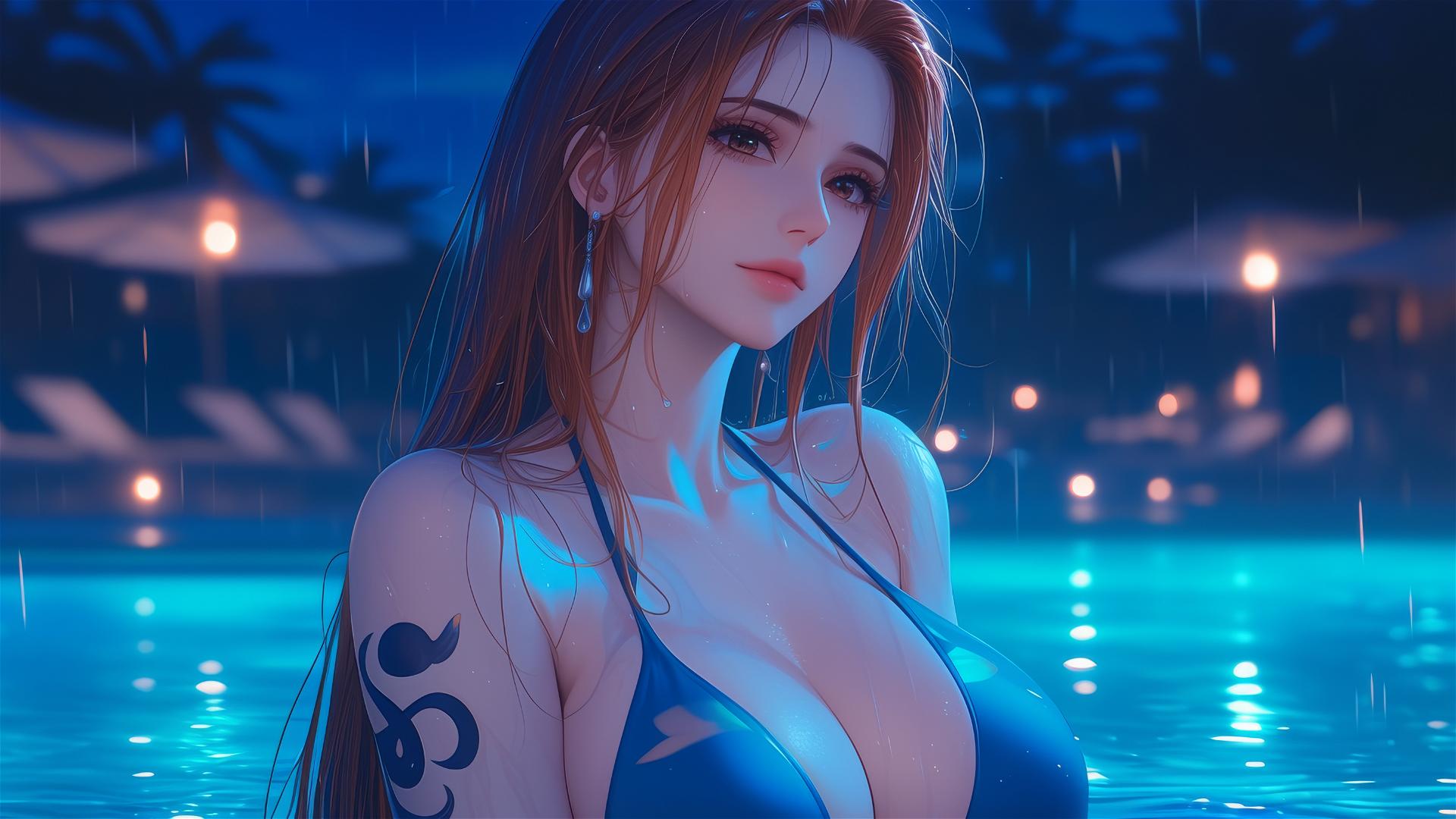 Nami from One Piece resting by the pool under moonlight with rain.