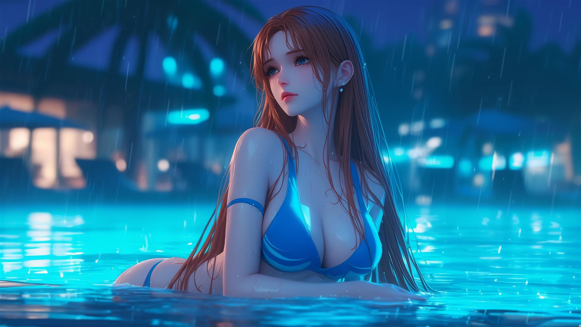 Nami from One Piece resting by the pool under moonlight in the rain