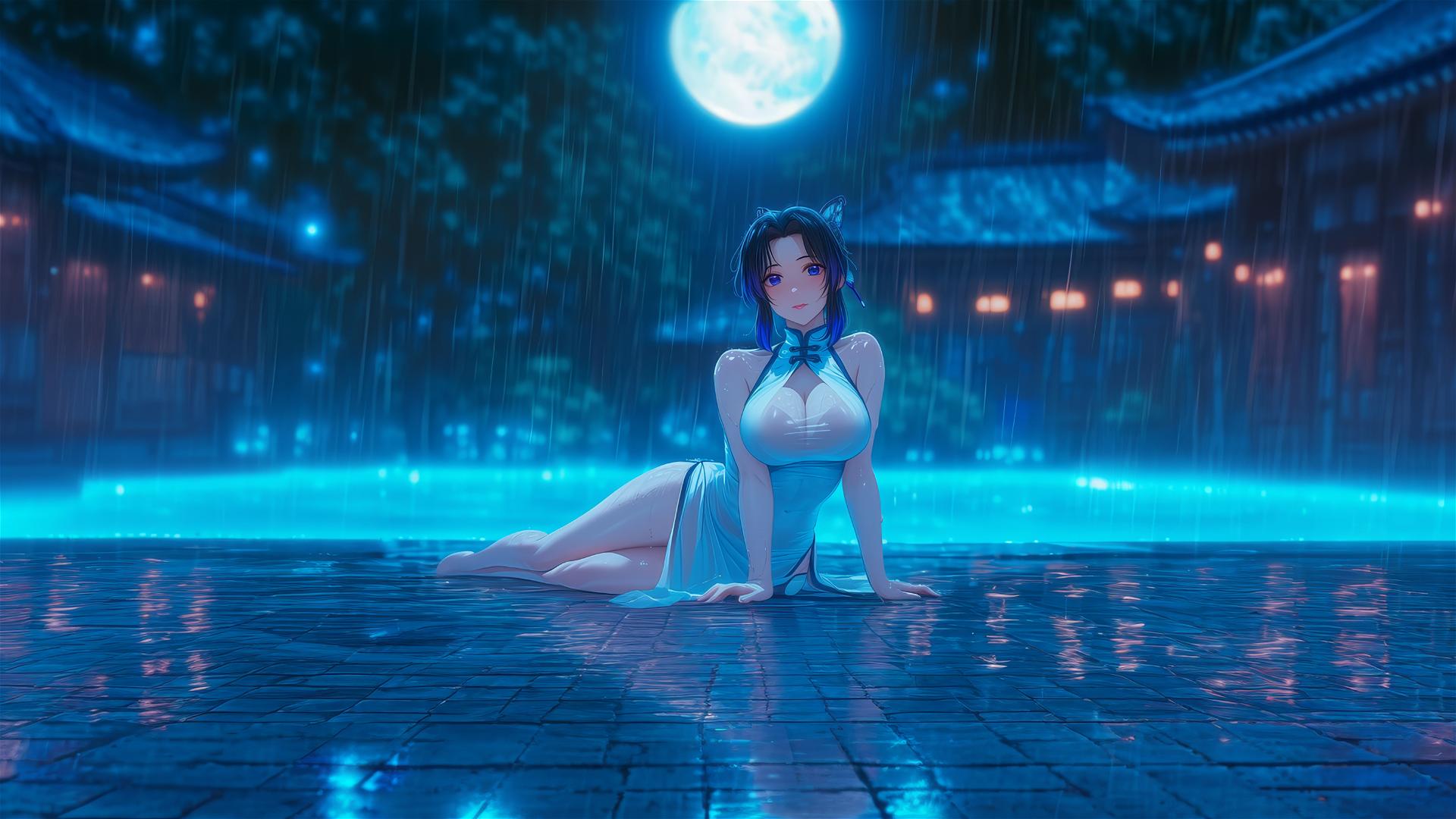Shinobu Kocho resting by a rainy swimming pool with moonlight glow