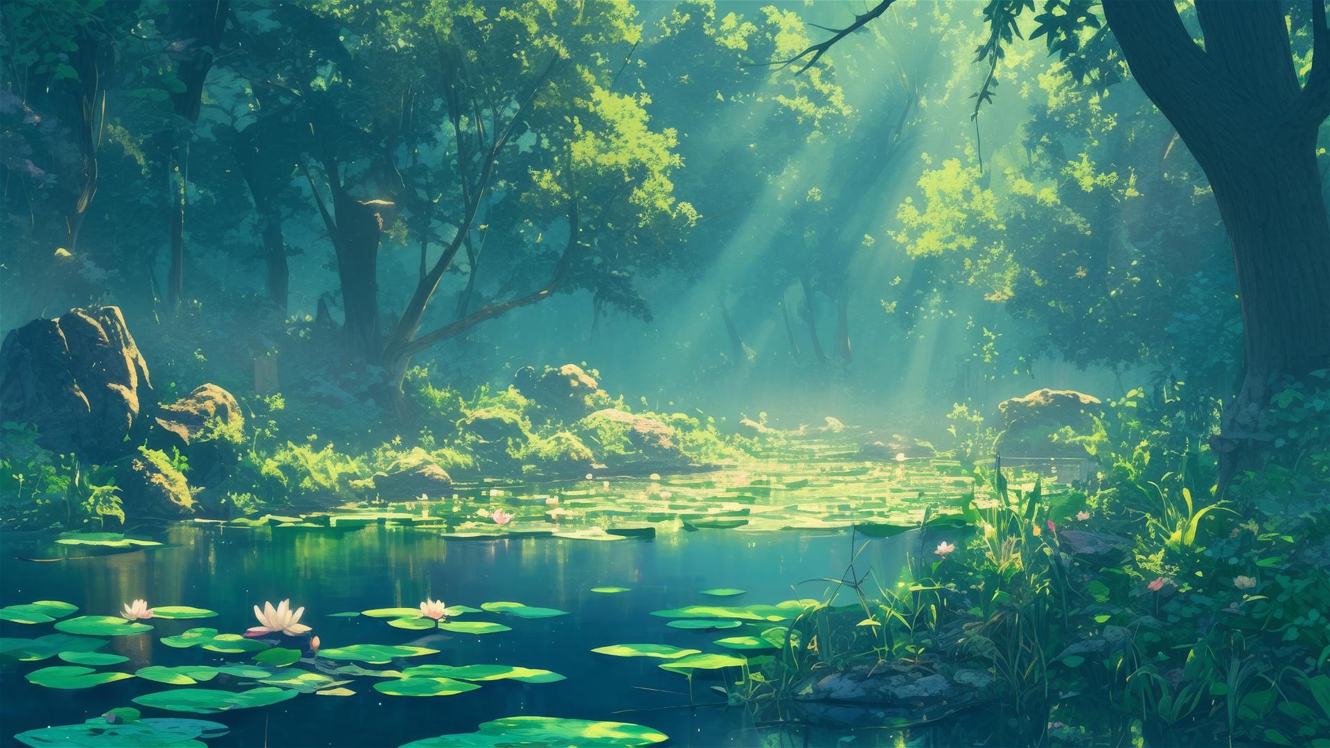 Secluded forest pond with lily pads and blooming lotuses