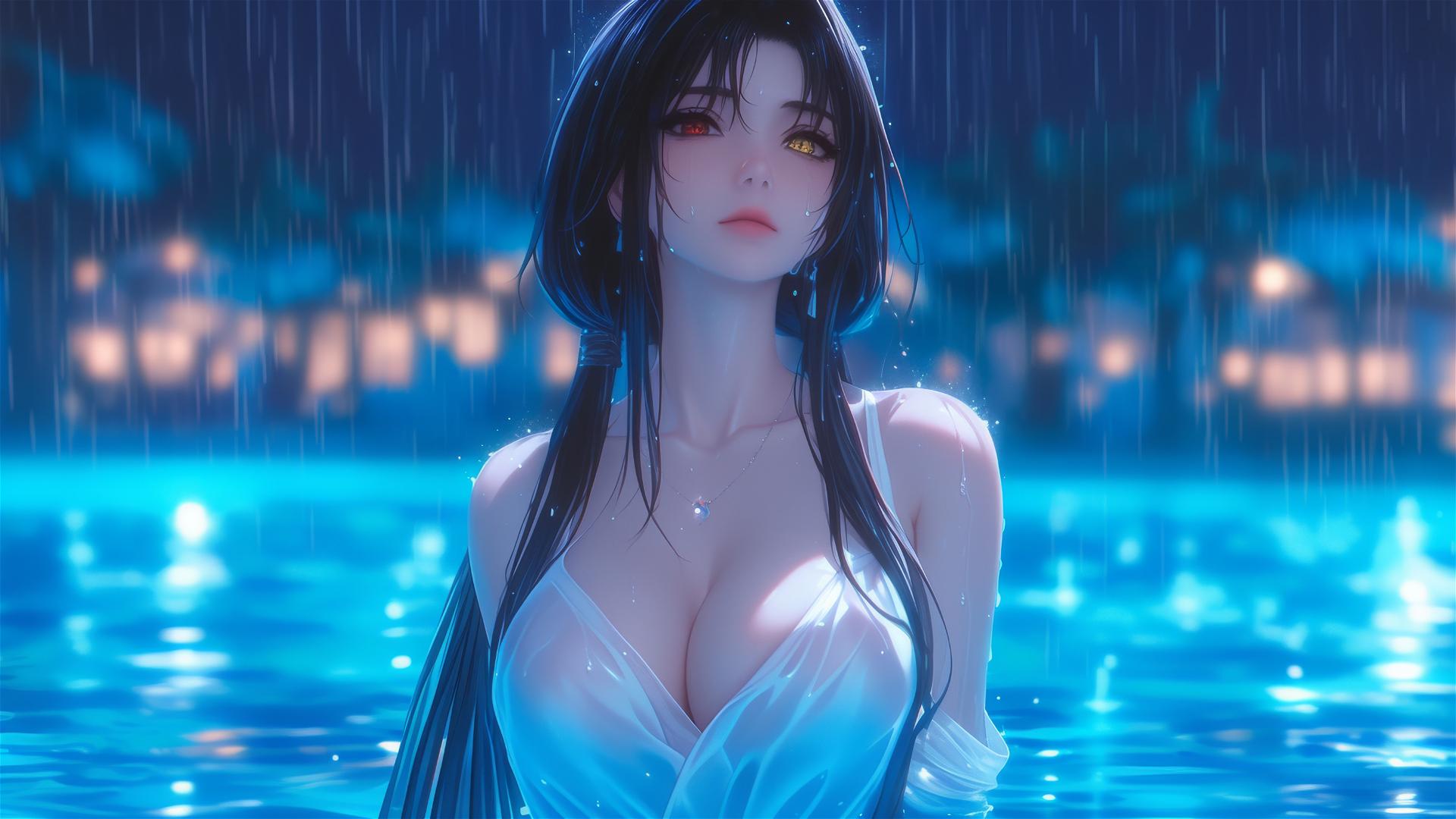 Kurumi Tokisaki from Date A Live in a rainy swimming pool, moonlight glow, white dress, dual-colored eyes