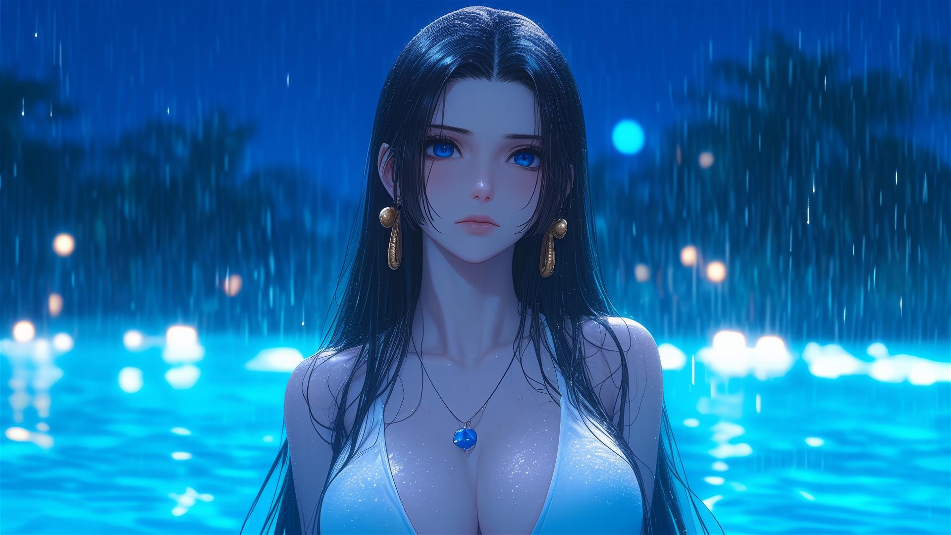 Boa Hancock from One Piece resting by a rainy swimming pool under moonlight.