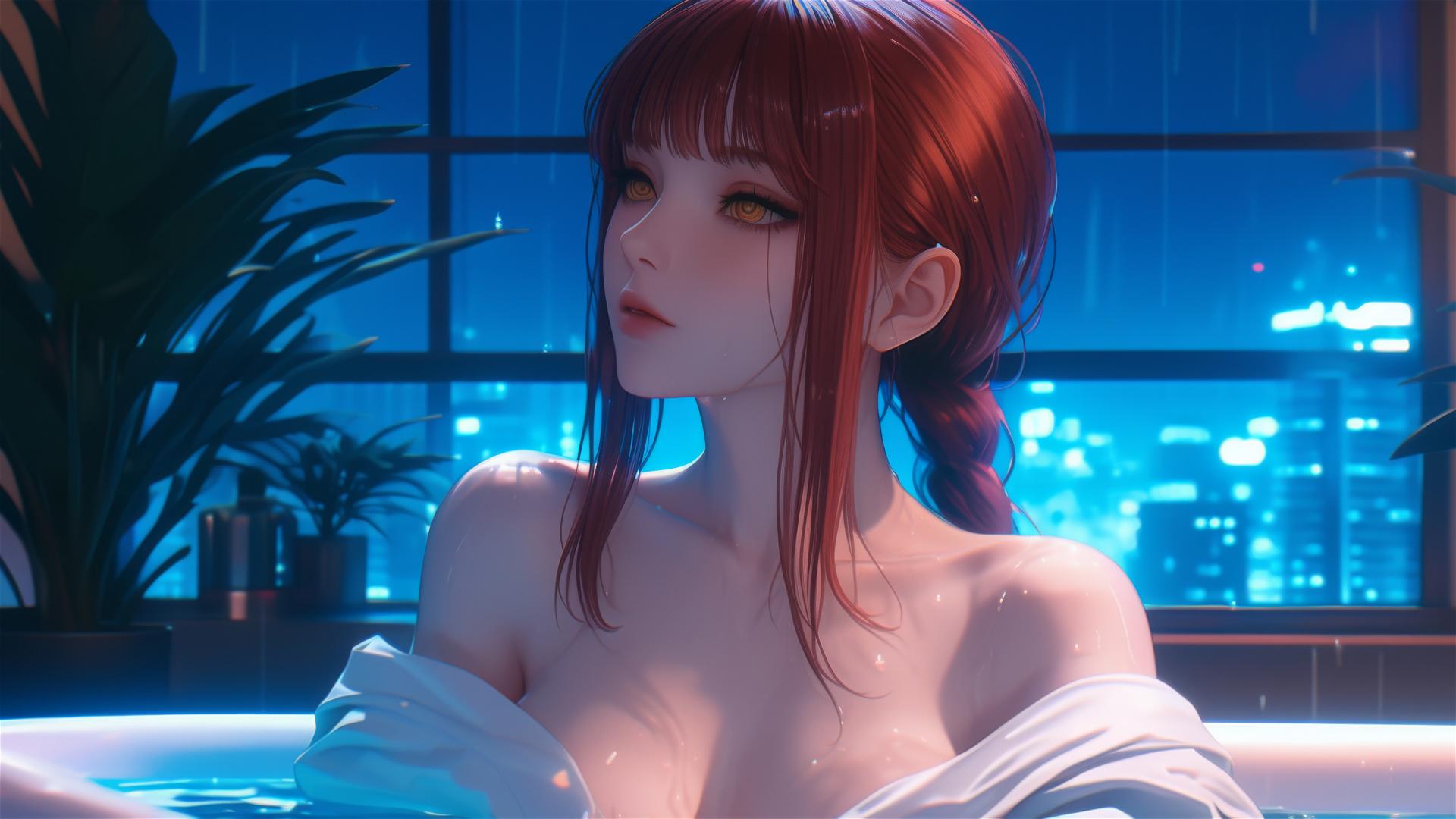 Makima from Chainsaw Man resting in a tub with moonlight casting a glow