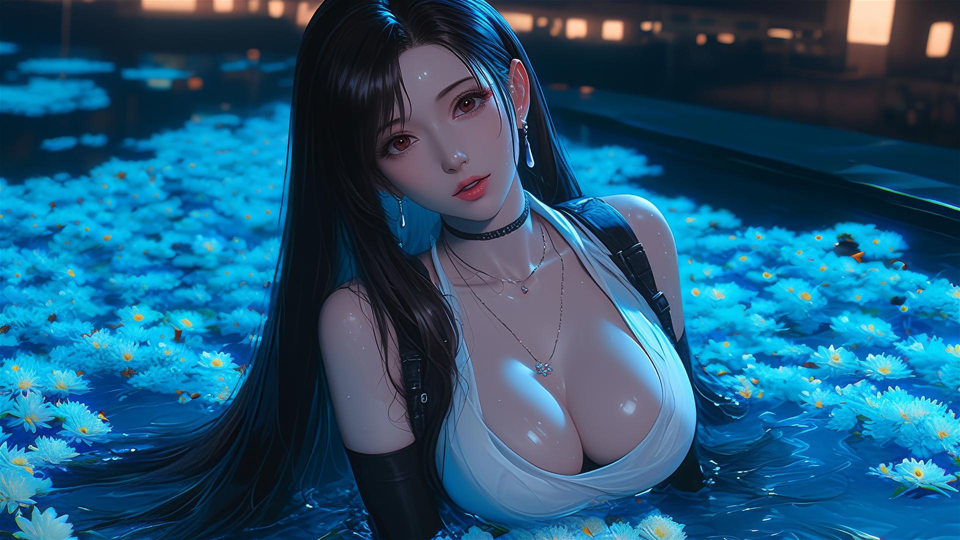 Tifa Lockhart in tub full of flowers at a Chinese spa