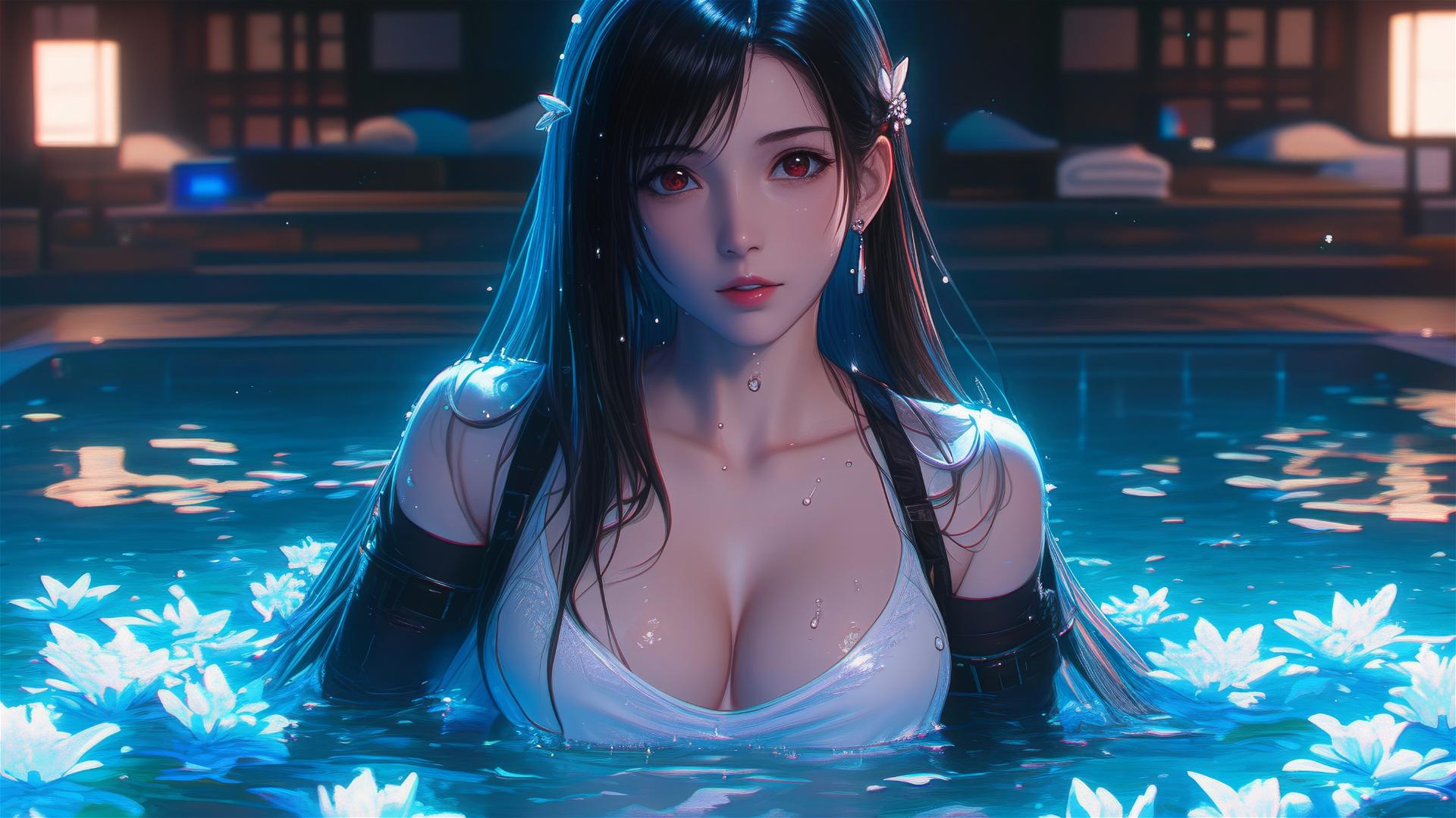 Tifa Lockhart in a flower-filled tub at a Chinese spa