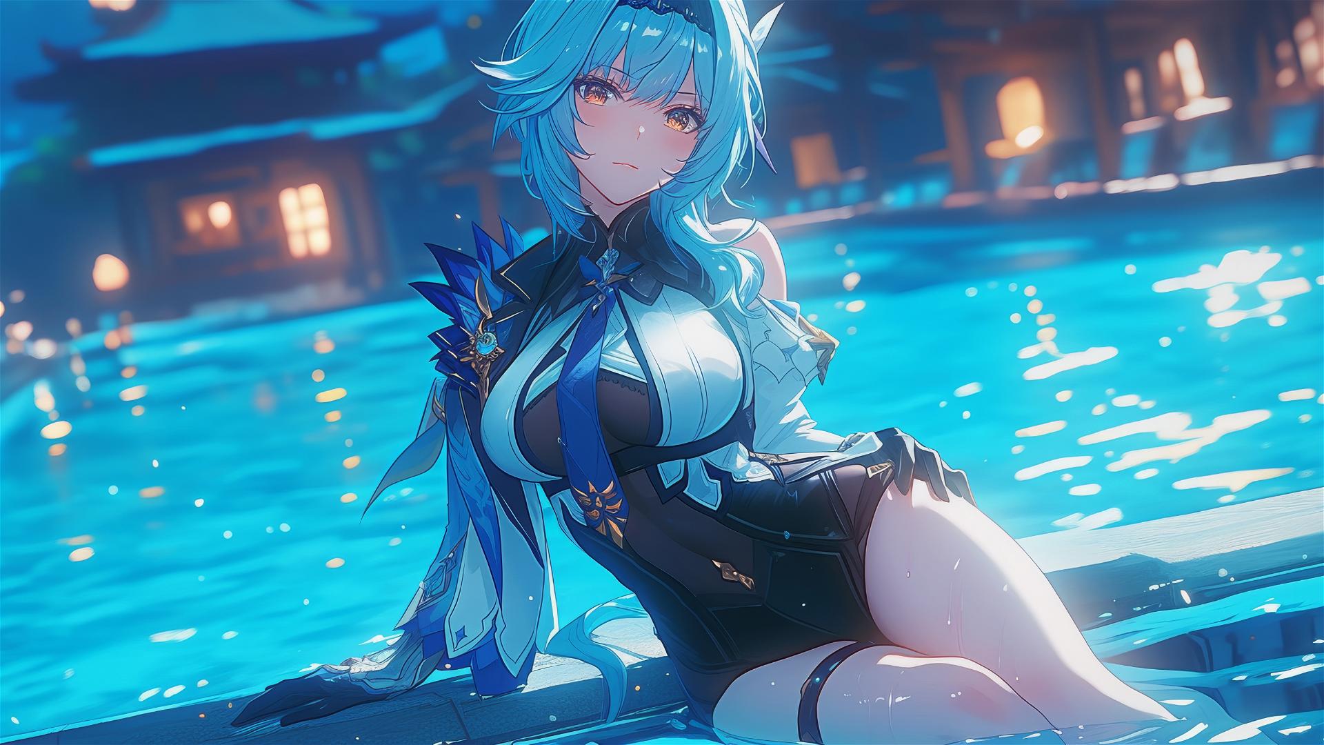 Eula Lawrence resting by a swimming pool in moonlight.